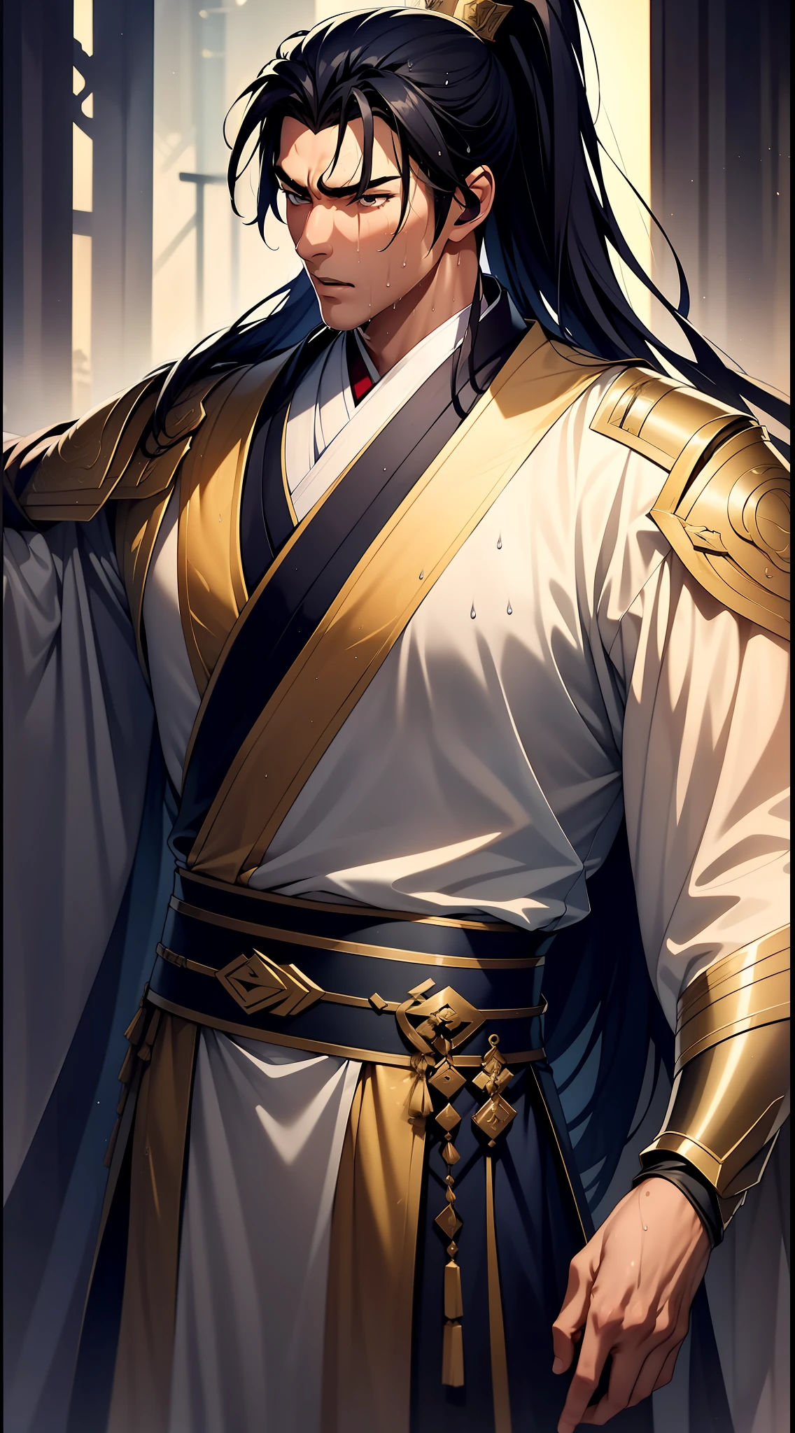 Two-dimensional, anime style, man (male warrior), muscle, correct proportions, face details, martial arts, high ponytail hairstyle, sweating, sweaty face, drooling, neck details, with Adam's apple, wet, wet, Hanfu costume, long robe, embroidered robe, dragon robe, clothing details, collar, long sleeves, game quality, swordsman demeanor, light and shadow tracing, ray tracing, detail glow, CG rendering, hair details, long black hair, golden eyes, sweaty face, handsome, handsome, sweat beads slipping down the neck, (juvenile feeling), complex clothing, wet, wet, perfect composition, refinement, high quality, more details, a lot of details, complex background, atmosphere,