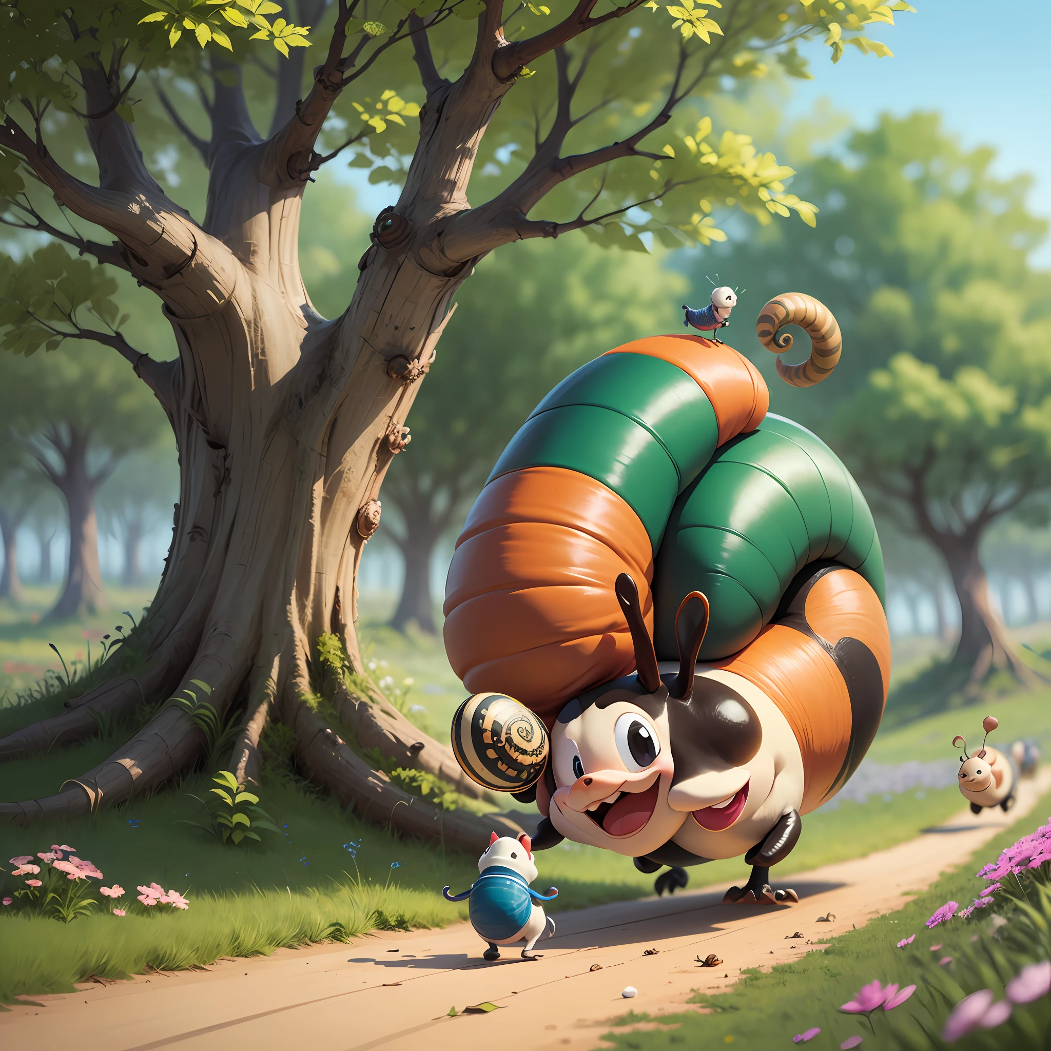 Running sports. Funny, cheerful Snail and funny Caterpillar, cheerfully run among grass and flowers, numbers of participants on their backs, Close-up. in Disney cartoon style, fantasy blurred speed background --auto --s2