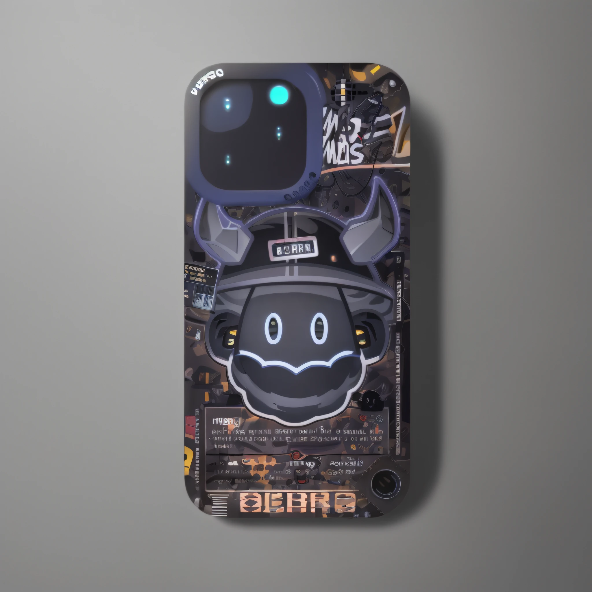 a close up of a cell phone case with a cartoon character, cell cover style, Case, Official product image, Taoist, sony nicon iphone 1 3 pro max, sicko, game case, Garish, negao, iPhone 1 3 Pro Max, gamer, 🔥 😎 🕹️ 👀 :2, next gen, ( ( Mask ) ), Eboy hand drawn cartoon art style,Comic cover style,Cell lid style,trigger anime artstyle, 2 0 2 2 anime style,