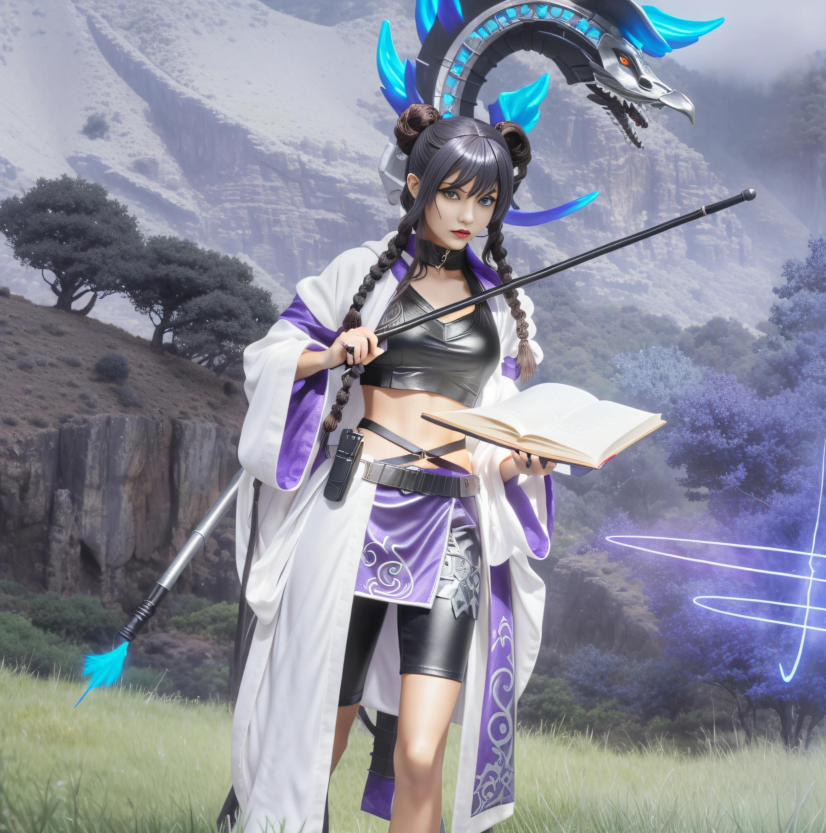 ((masterpiece, best quality)), Goth Brunette Latina with long curly braided locks and black lipstick, in white purple and black sci-fi mage robes, black purple and silver halter bra top, Black leggings, purple and silver miniskirt, holding up a black book, with a blue arcane staff on her back, in a forested hilly futuristic area, anime style action figure, toy close up, detailed figurine, intricate details