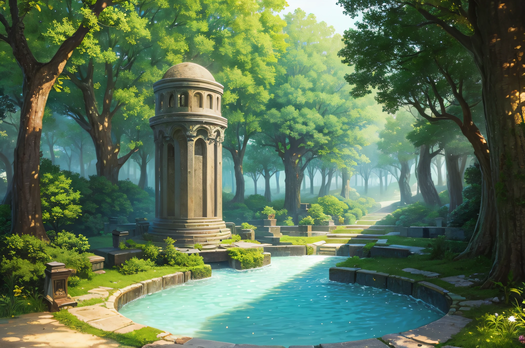 There is a lost place in the Enchanted Forest,Like a desolate ancient civilization,In the center you can see the clear water,It is surrounded by a stepped structure --auto