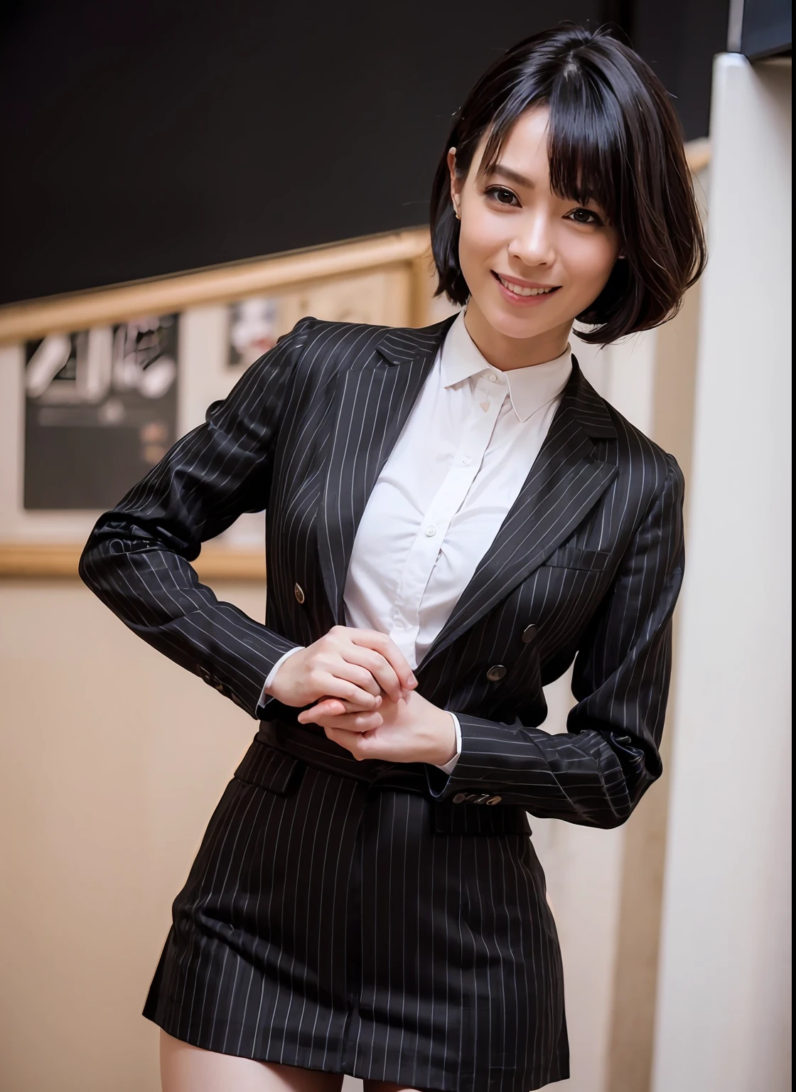 best quality, photorealistic, 8k, ((high res)), 1office lady, (skindentation), (portrait:0.5), gorgeous, Detailed Face, Contrapposto, ((pin-stripe jacket, pin-stripe skirt, brown pantyhose, with white shirt)), Perfect Anatomy, straight-looking at viewer:1.8, (1girl eyes looking at viewer, short-length straighthair, black hair, updohair:1.75), grey suit, bring black business bag, photorealistic, (smile:1.2), ((nobody darkness refresh room:1.65)), (closed mouth), gorgeous, pureerosface_v1,