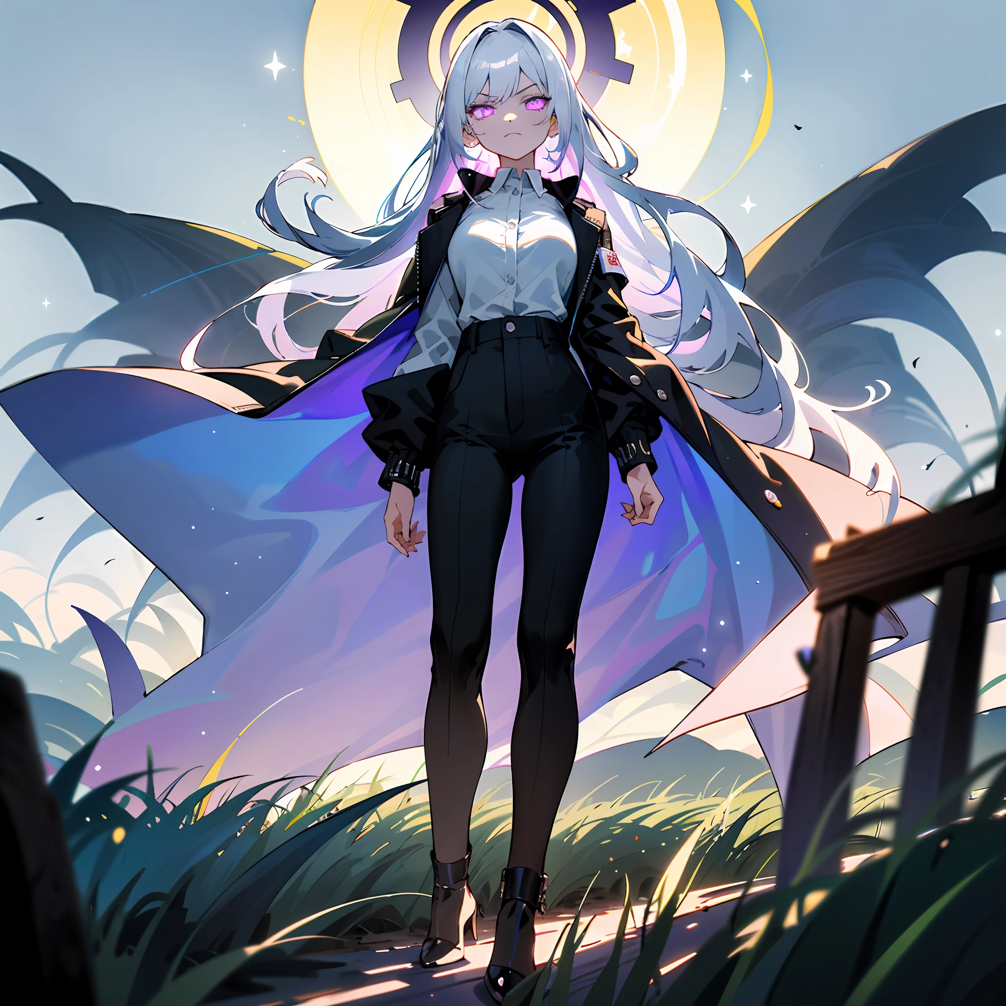 1((masterpiece,best quality,highest quality,illustration,intricate details)),white hair, white halo, blue archive style halo, standing, black small lather jacket, white shirt, long black pants, white high heels, big breasts, (long hair), 1girl, dark violet eyes, glowing dark violet eyes, scary eyes,
Serious face,night,stars, full moon, overlook,kingdom, panorama, landscape,field, rural, looking at viewer