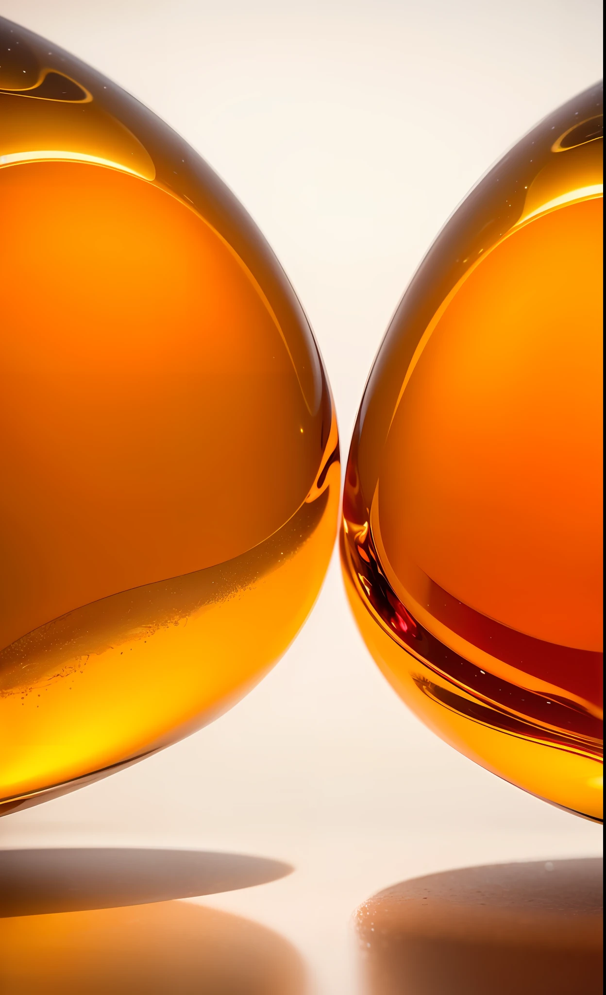 There are two glasses of liquid sitting side by side, liquid translucent amber, Glossy surface, soft organic abstraction, abstract liquid, Ultra detail. Digital painting, golden smooth material, jelly - like texture. photographed, author:Doug Olson, golden organic structures, iphone detailed photo, highly detailed 8k photography, middle close up composition, high angle close up shot