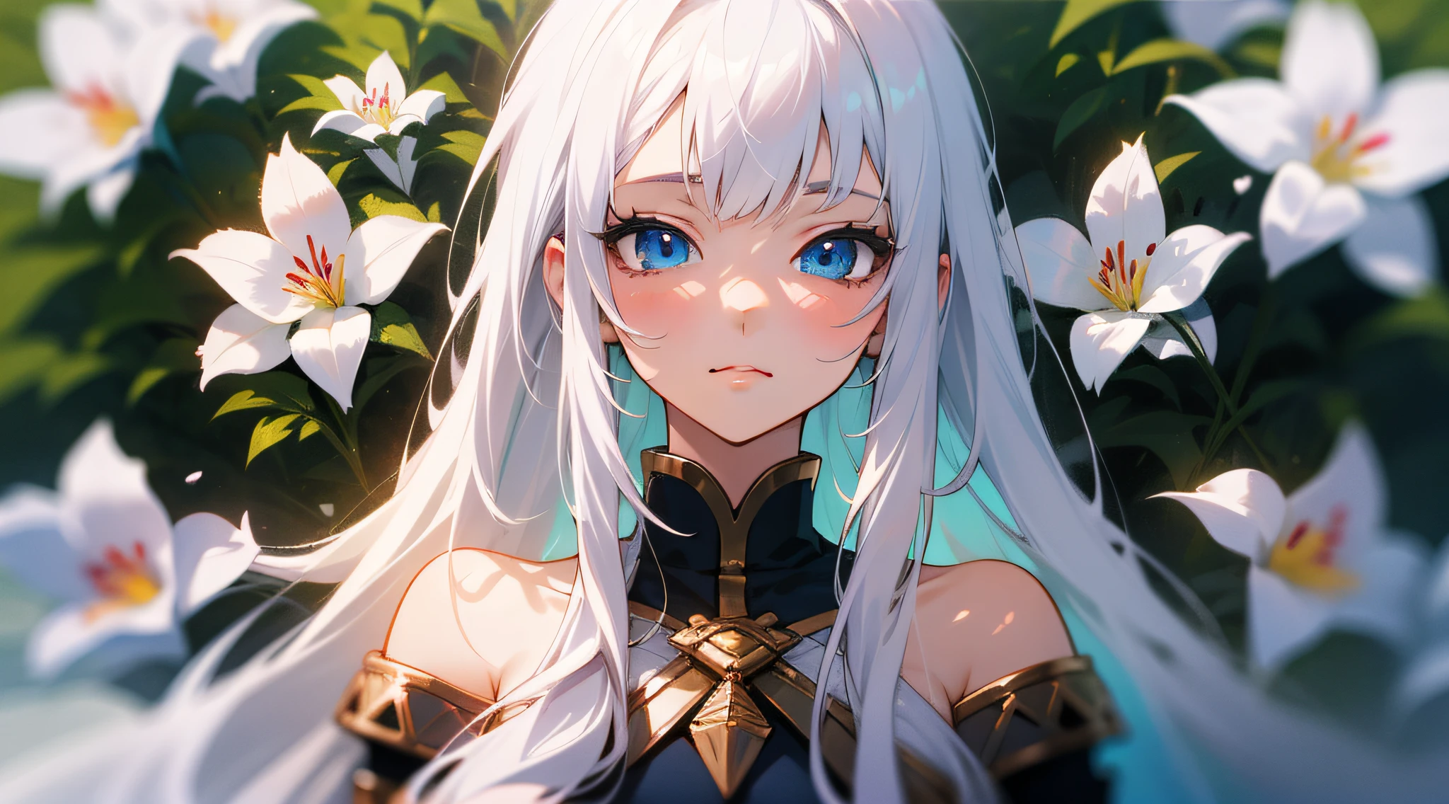 Anime - style image of a woman with long white hair and blue eyes, Girl with white hair, perfect girl with white hair, White hair, white haired god, white hair woman, Portrait Anime Girl, detailed portrait of an anime girl, Detailed Digital Anime Art, Beautiful Anime Portrait, clean detailed anime art, portrait of cute anime girlbabes, portrait of cute anime girlbabes, exquisite clothing, Highest detail, Highest Quality. the woods,