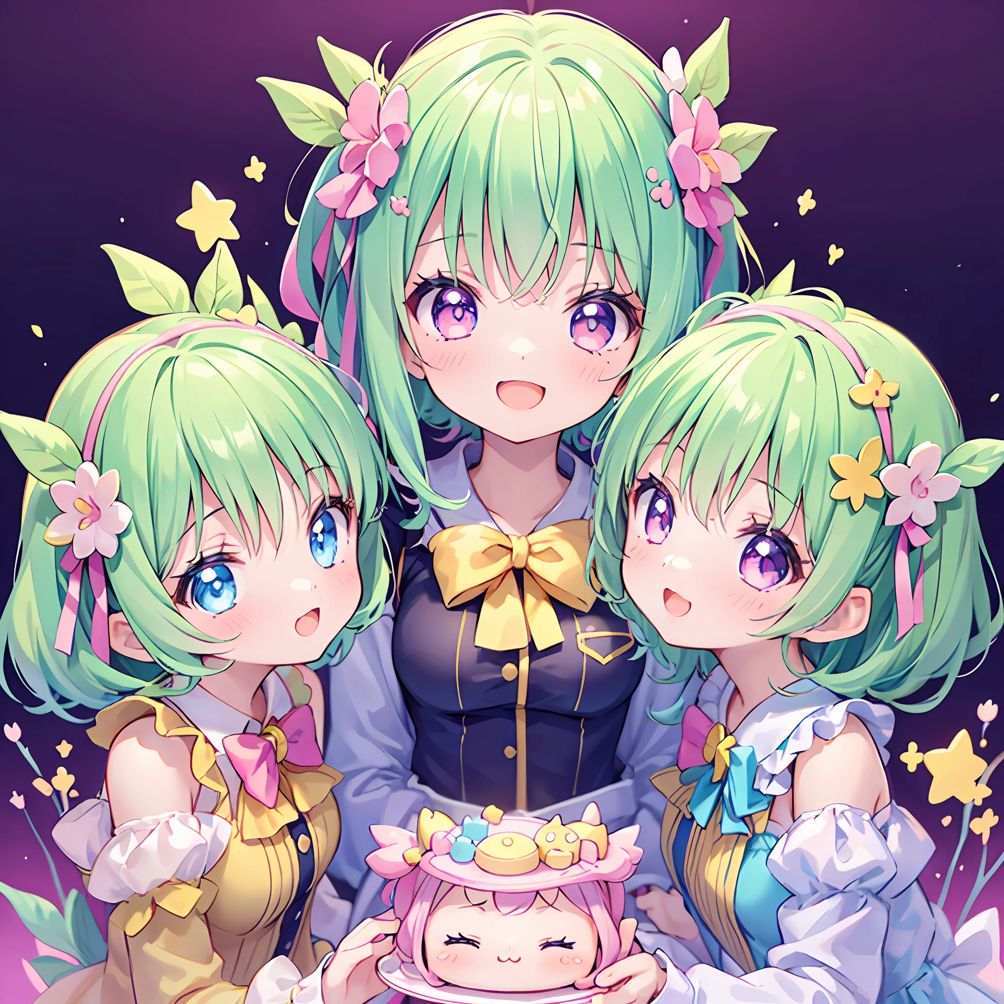 masterpiece, (2girls and 2girls), idol, closeup, big eyes, kawaiitech, kawaii, cute, pastel colors, best quality, happy, deep background, symmetrical, tilted head, spring