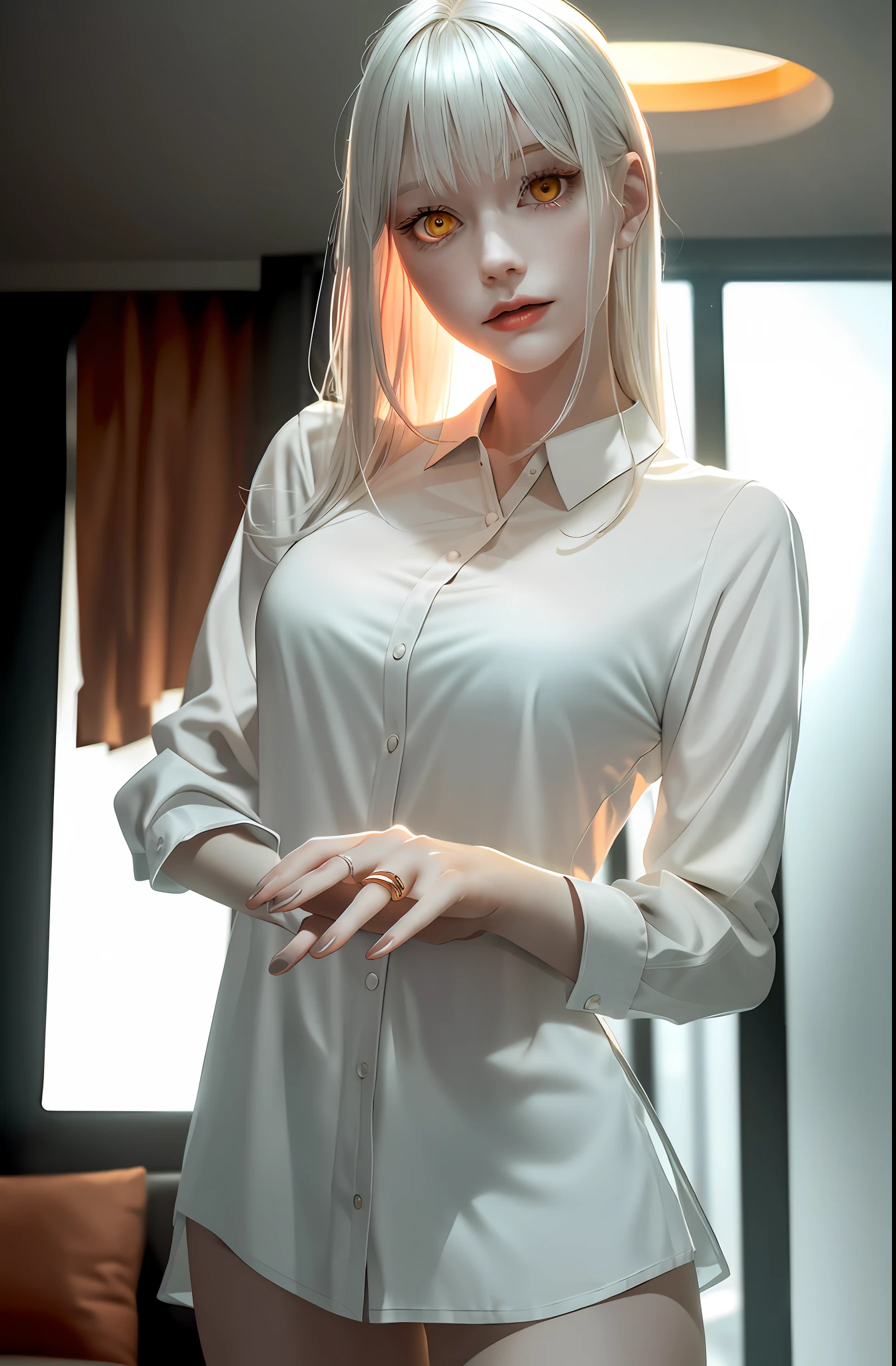 Masterpiece, (Photorealistic: 1.4), Best Quality, Beautiful Lighting, (ulzzang-6500:0.5), Makima \(Chainsaw Man\), (Bob Hair) + (albino woman's face, bathed in warm orange hues, as if lit by the soft glow of a sunset, her eyes sparkling with joy and contentment, platinum blonde hair, heterochromia eyes,) + (Bangs), Yellow Eyes, Golden Eyes, (((Ring-shaped Eyes)), (Silver Shirt), RAW Photography, 8k UHD, Film Grain