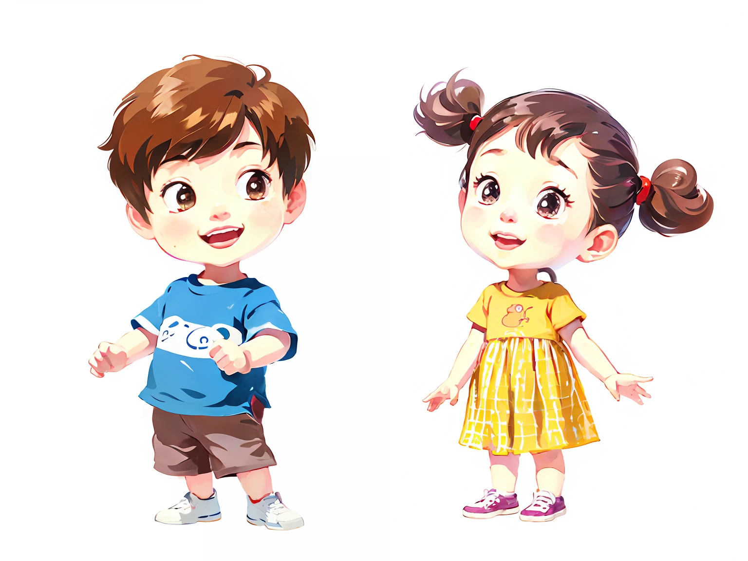Cartoon boy and girl standing side by side，Hand in hand, Cartoon style illustration, Boy and girl, children illustration, Cute cartoon character, high quality character design, KIDS ILLUSTRATION, colorful kids book illustration, kids cartoon, Children's illustration, children's book illustrations, Two different characters, Cartoon illustration, Children\'s illustration, Cute cartoon style, Cute characters, Cute cartoon