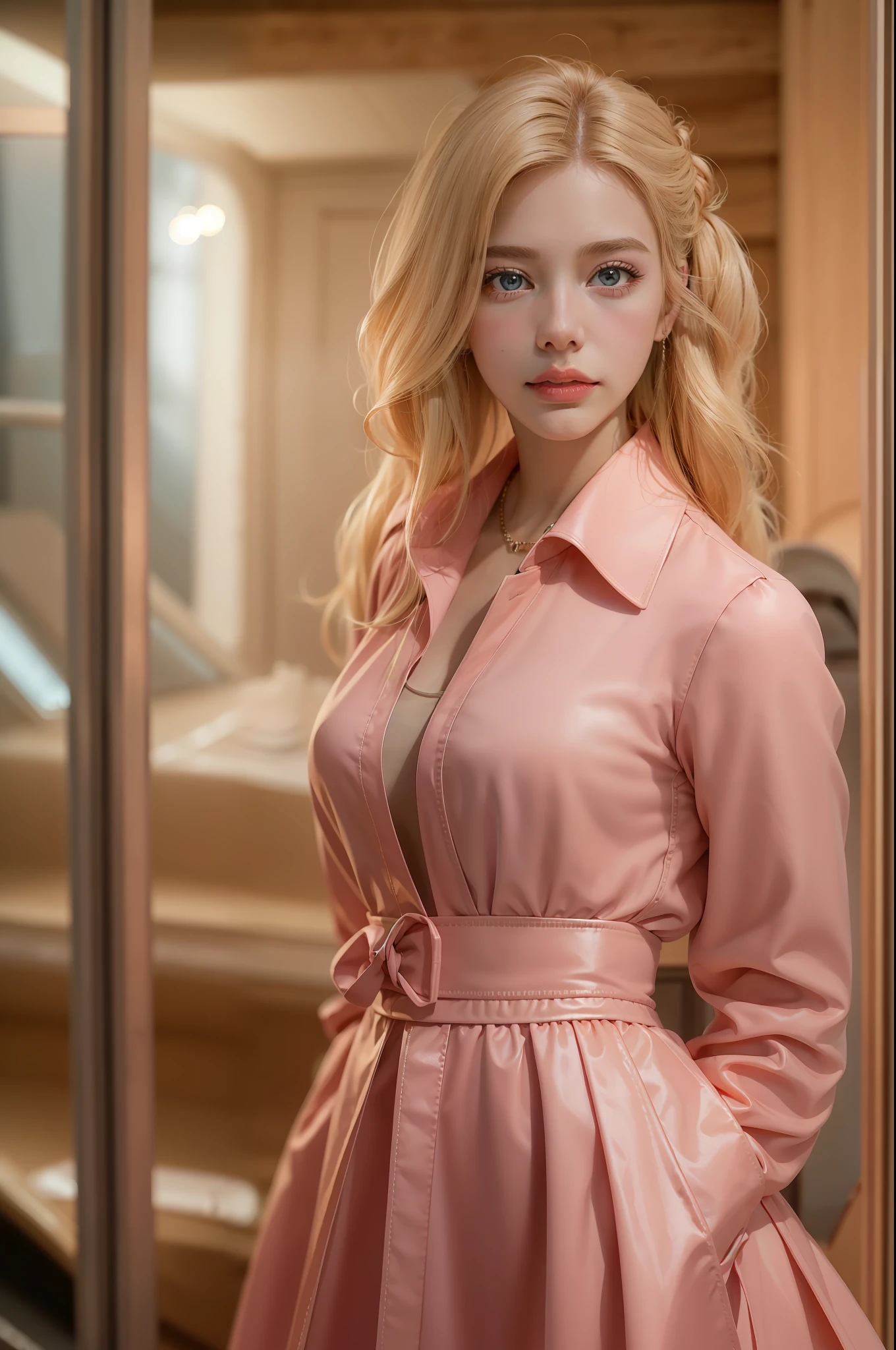 1girls, 16 mm., 12mm., full frame, wide, (beste-Qualit), Three Russian blonde haired,Wearing a pink leather dress.,beautiful make up,bun hair ,barbie style (Movie Lighting), view, 4k, 8k, master-piece, Realistic lighting, natural light, Realistic shadows,sexy post,(Stand face on a pink luxury car.)