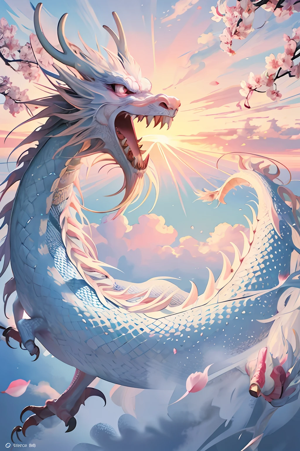 logo,masterpiece,(on a white background:1),white chinese dragon surrounded by white clouds,pink sakura trees,petals,wind,god,long wavy body,fangs,fantasy, mythical, high quality, highly detailed, masterpiece, epic,particles effect,dynamic effect,sun in the background