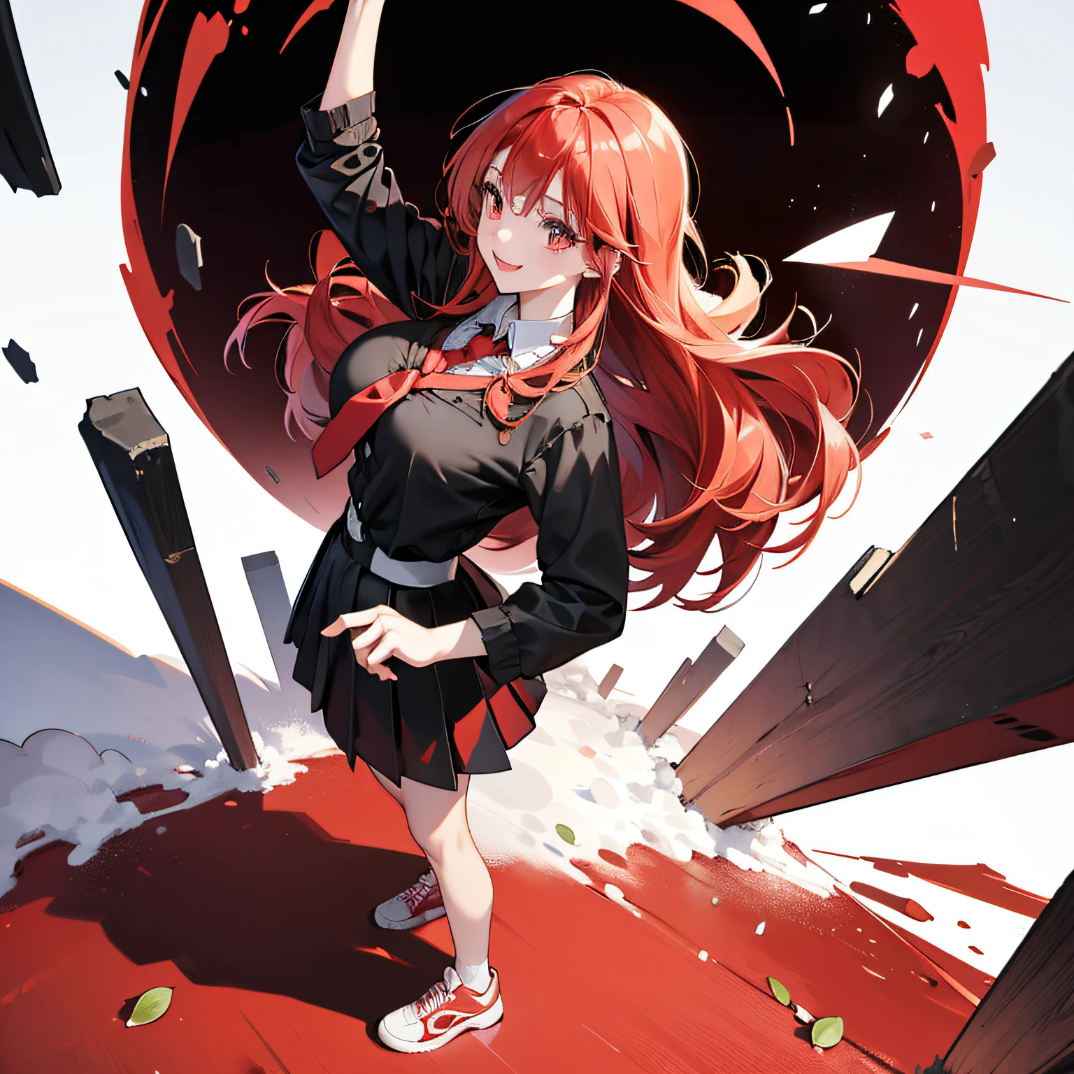 girl,teens girl,flatchest,Red long-haired,Playful and cute,Crimson pupils,vivaciousness,Increased exposure,Cheerful personality,leg loops,Red and white sneakers,solo person,Eyes have light,solo person,adolable,quadratic element,14岁,cartoony,ssmile,anime big breast,Black suit,red necktie,a black skirt,are standing,pedestrians,In the alley,White color blouse,black leg rings,Hands hidden behind your back,Facial refinement，Melon seed face --auto
