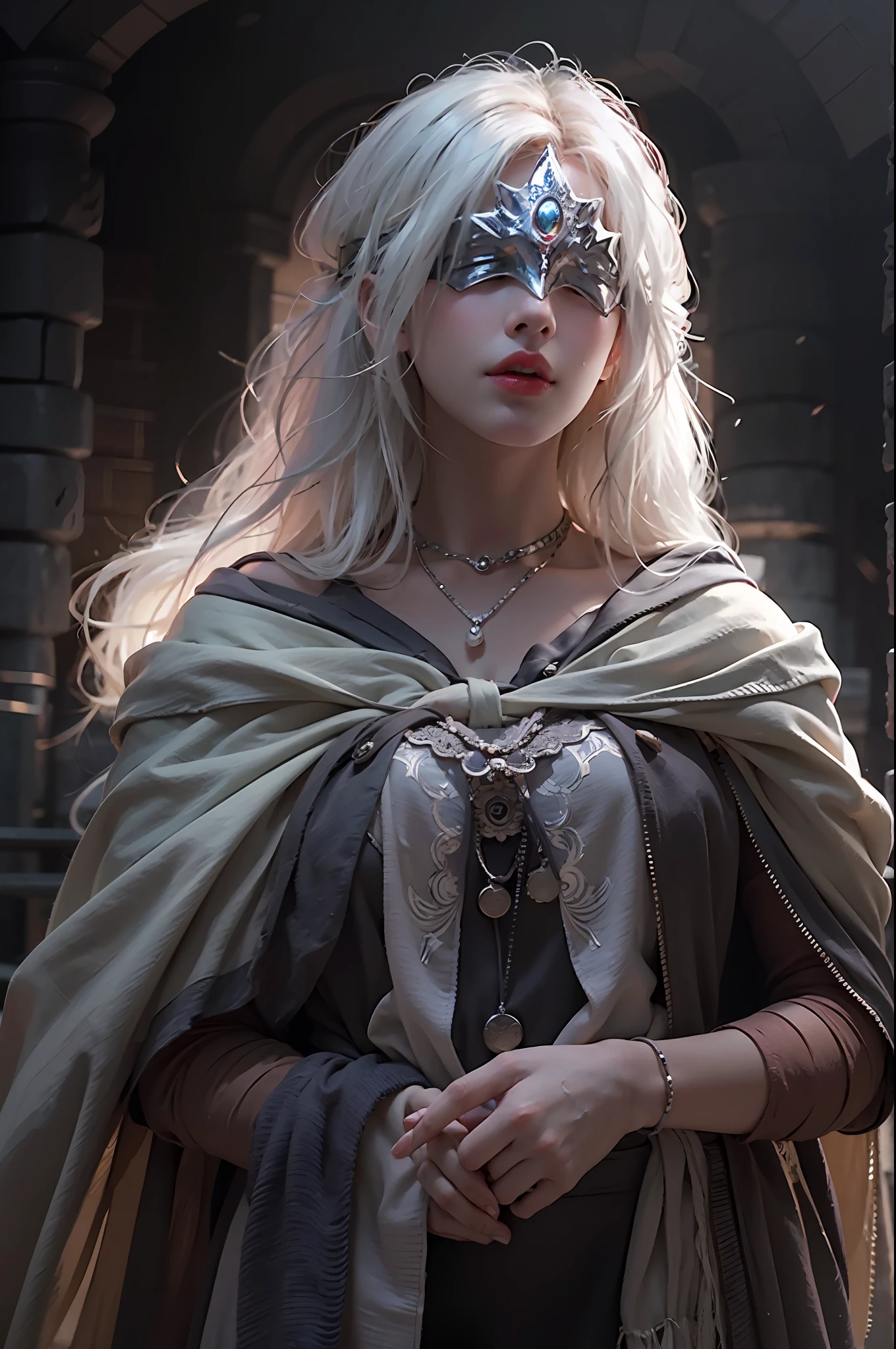 photorealistic, high resolution, 1 girl, hips up, white hair, pink lips, eye mask, covered eyes, cape, cloak, jewelry, black dress, capelet, bandaged_arm, dark, dimmed, hdr, vignette, grimy, [[slate atmosphere], blindfirekeeper