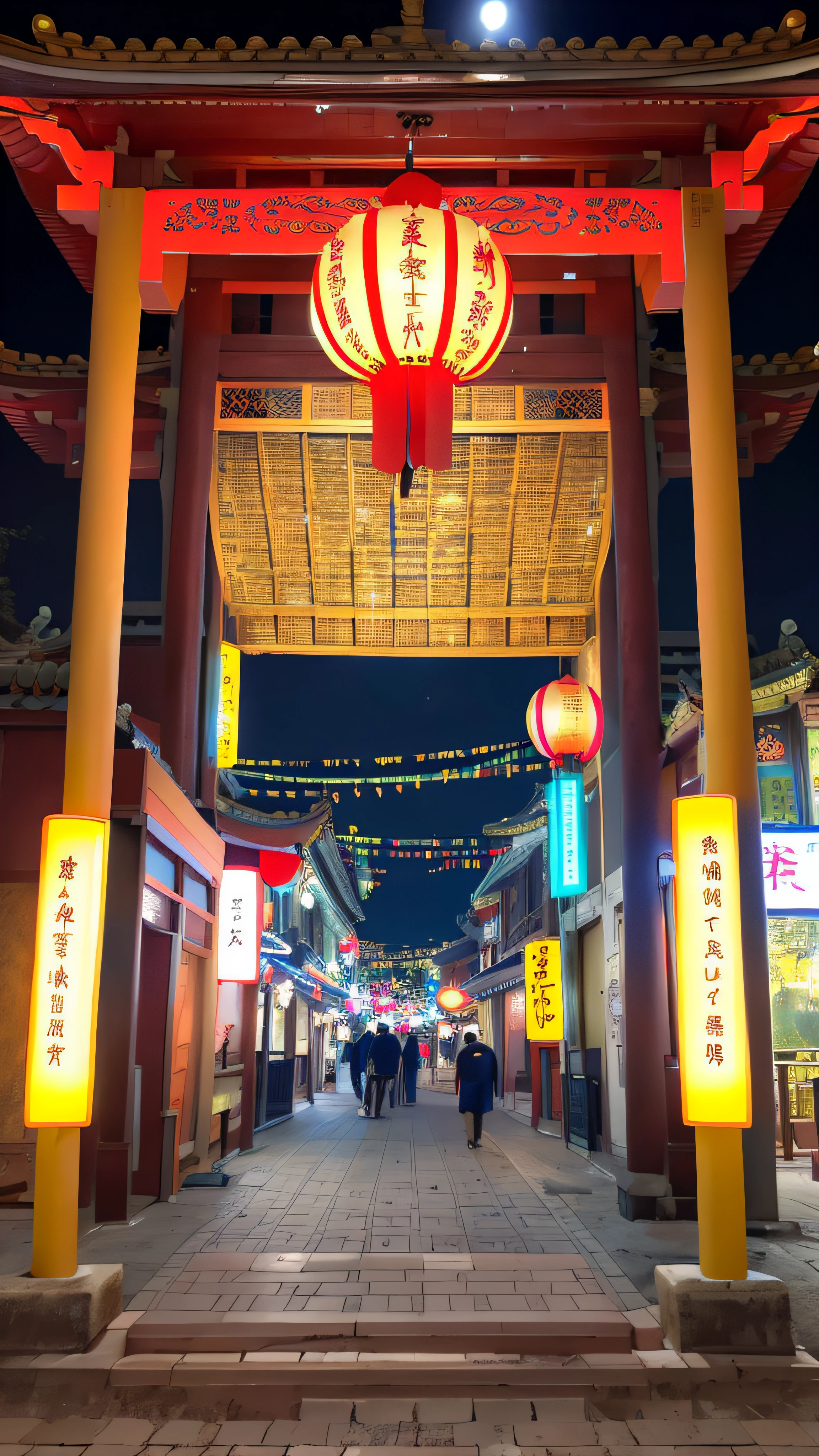 King Teng's Pavilion，Night Downtown，Nanchang，the night，lantern，Poetry lanterns， bru， flod， natta， Lanterns， No Man， down town， Chinese style architecture， top-quality， tmasterpiece， illustration， the wallpaper， （full bodyesbian）， High definition and sophistication， urban backdrop， cinematic ligh， depth of fields， trends in art station， hyper HD， Ultra photo realsisim， cinmatic lighting， 8K