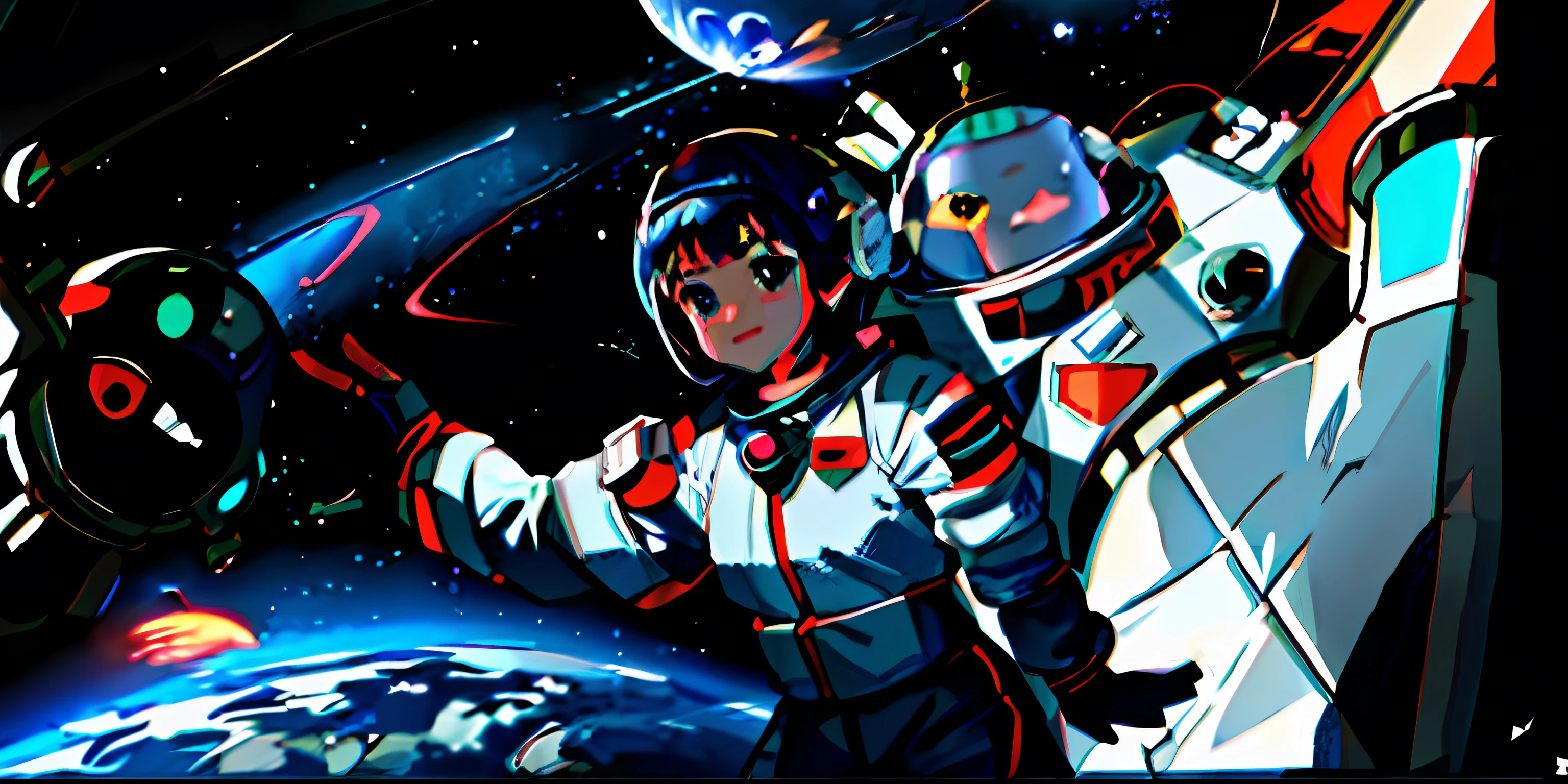 Anime characters in space with robots and space station, portrait anime space cadet girl, tatami galaxy, space molly, girl in space, woman astronaut, [ zero - gravity ]!!, portrait of an ai astronaut, Official artwork, Official anime artwork, deep space exploration!!!, Retrato Armored Astronauta Menina, wear spacesuits, small astronauts, In space, Spacesuit