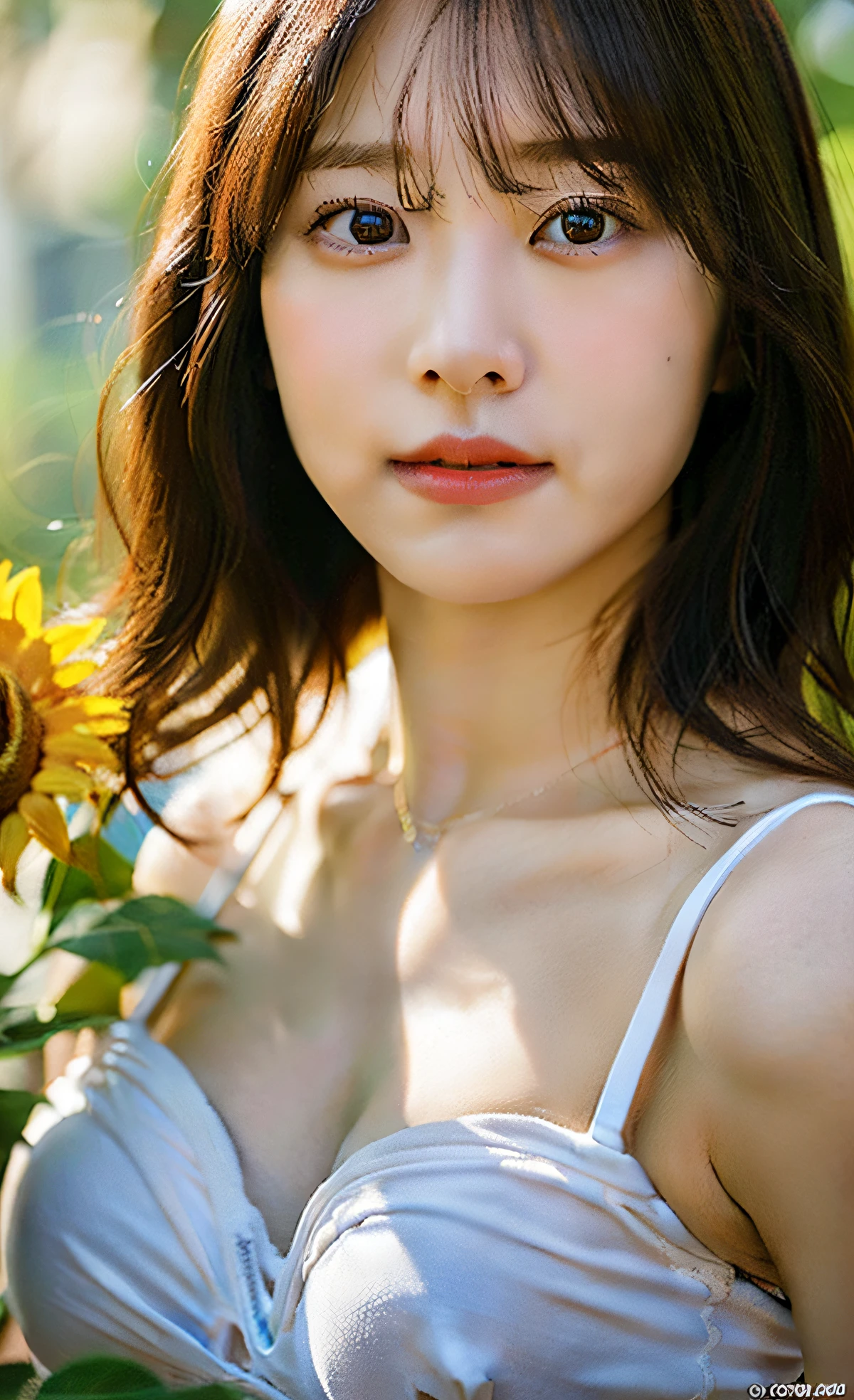 8K,超A high resolution ,(photographrealistic: 1.1) ,Detailed face ,Focus on beautiful women ,White bra, cleavage of the breast ,(tits out:1.1) ,florals ,Saturated flowers ,vivid flowers ,A slight smil ,sunflowers ,upper body ,