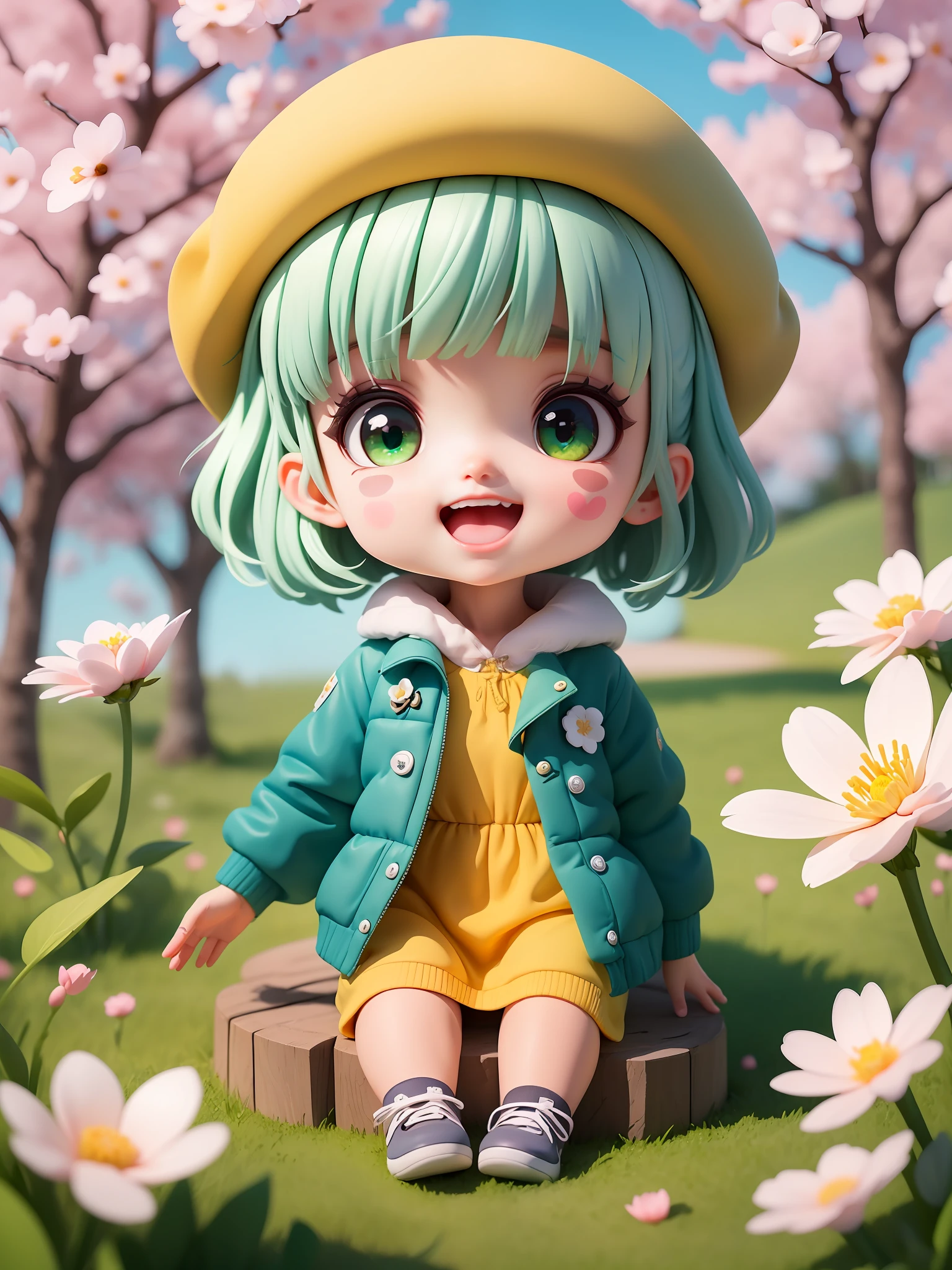 (masterpiece),(best quality),(ultra-detailed), (full body:1.2),
1girl,chibi,cute, smile, open mouth,
flower, outdoors, playing piano, music, beret, holding iceream, jacket green, blush, tree, :3, shirt, short hair, cherry blossoms, green headwear, blurry, silver hair, blush stickers, long sleeves, bangs, silver hair, yellow flower,sitting
(beautiful detailed face), (beautiful detailed eyes), (perfect fingers),