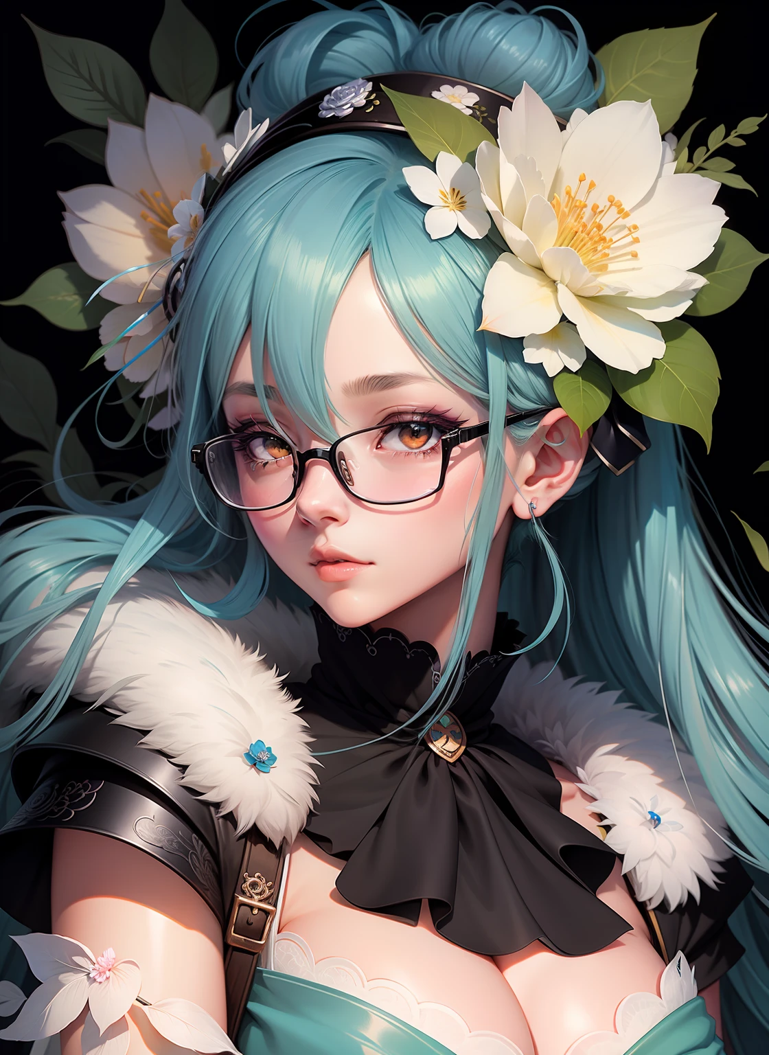 anime girl with blue hair and glasses with flowers in her hair, detailed digital anime art, anime styled digital art, digital anime illustration, beautiful anime art style, digital art on pixiv, anime style portrait, beautiful anime portrait, anime style 4 k, anime girl with teal hair, digital anime art, anime style illustration, anime art style, kawaii realistic portrait,drawing of a woman with blue hair and glasses with flowers in her hair, 2 d anime style, decora inspired illustrations, inspired by Yumihiko Amano, anime girl with teal hair, anime style portrait, beautiful anime art style, portrait of jinx from arcane, manga art style, anime style illustration, anime art style, anime style art, anime styled, beautiful line art, detailed manga style, extremely fine ink lineart, black and white manga style, black and white line art, ink manga drawing, intense line art, pencil and ink manga drawing, intense black line art, in style of manga, exquisite line art, perfect lineart,exquisite line art, exquisite digital illustration, detailed digital drawing, black and white coloring, digital anime illustration, a beautiful artwork illustration, detailed matte fantasy portrait, beautiful line art, great digital art with details, goddess. extremely high detail, 4k detailed digital art, stunning digital illustration