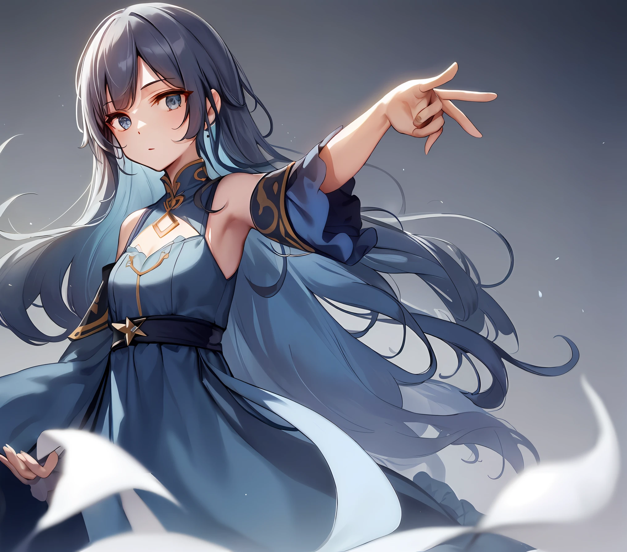 Blue hair,Blue dress,There is an periwinkle flower on the left ear,Thumb and forefinger outstretched