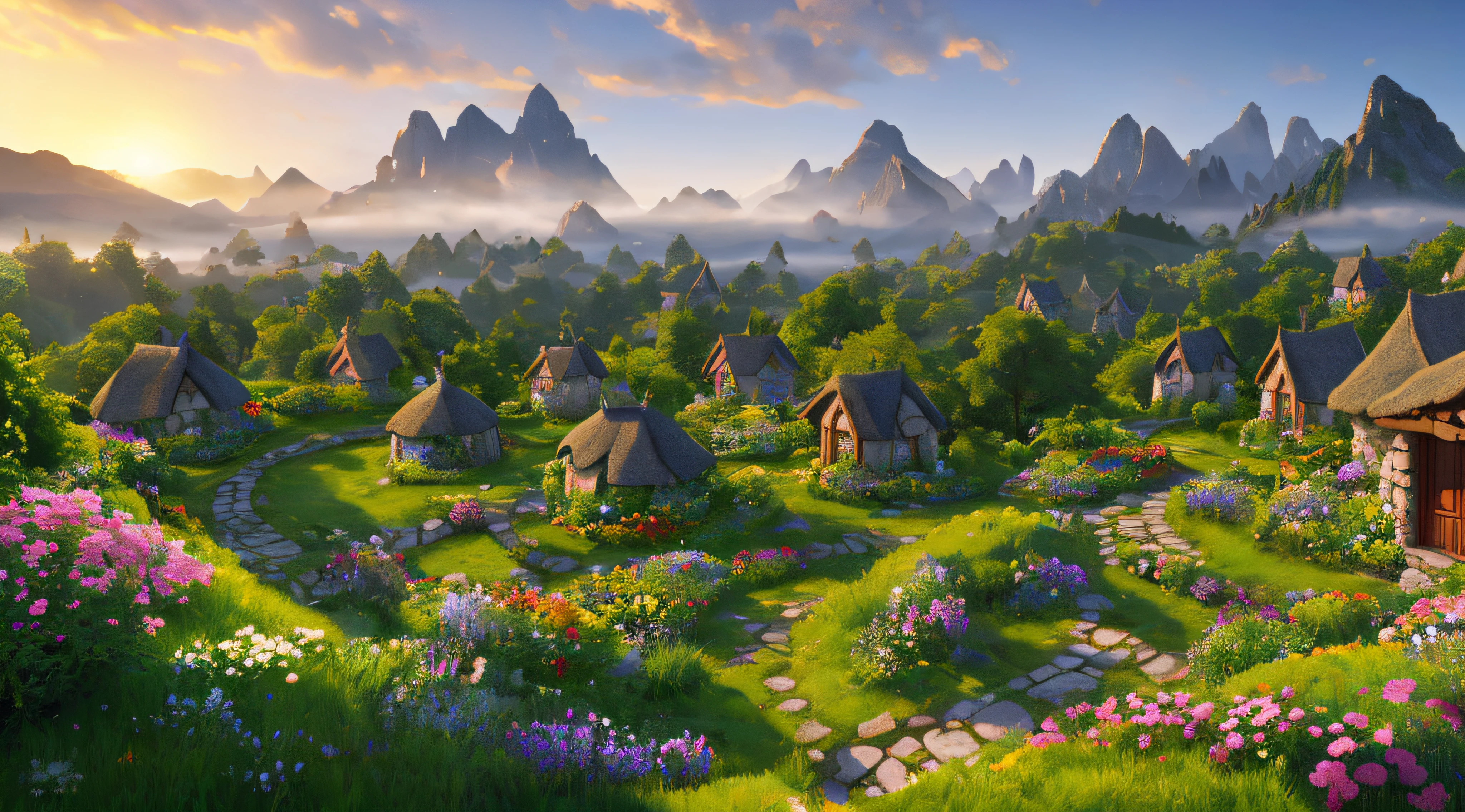 Landscape hobbit village, house with round windows and doors, small garden with small flowers, fantastic spring elf forest, flowers, sun, mountains in the mist in the background. High Quality, Hobbit Movies, Lord of the Rings Movies, Lord of the Rings Movies CG Unity 8k cg Unity 8k