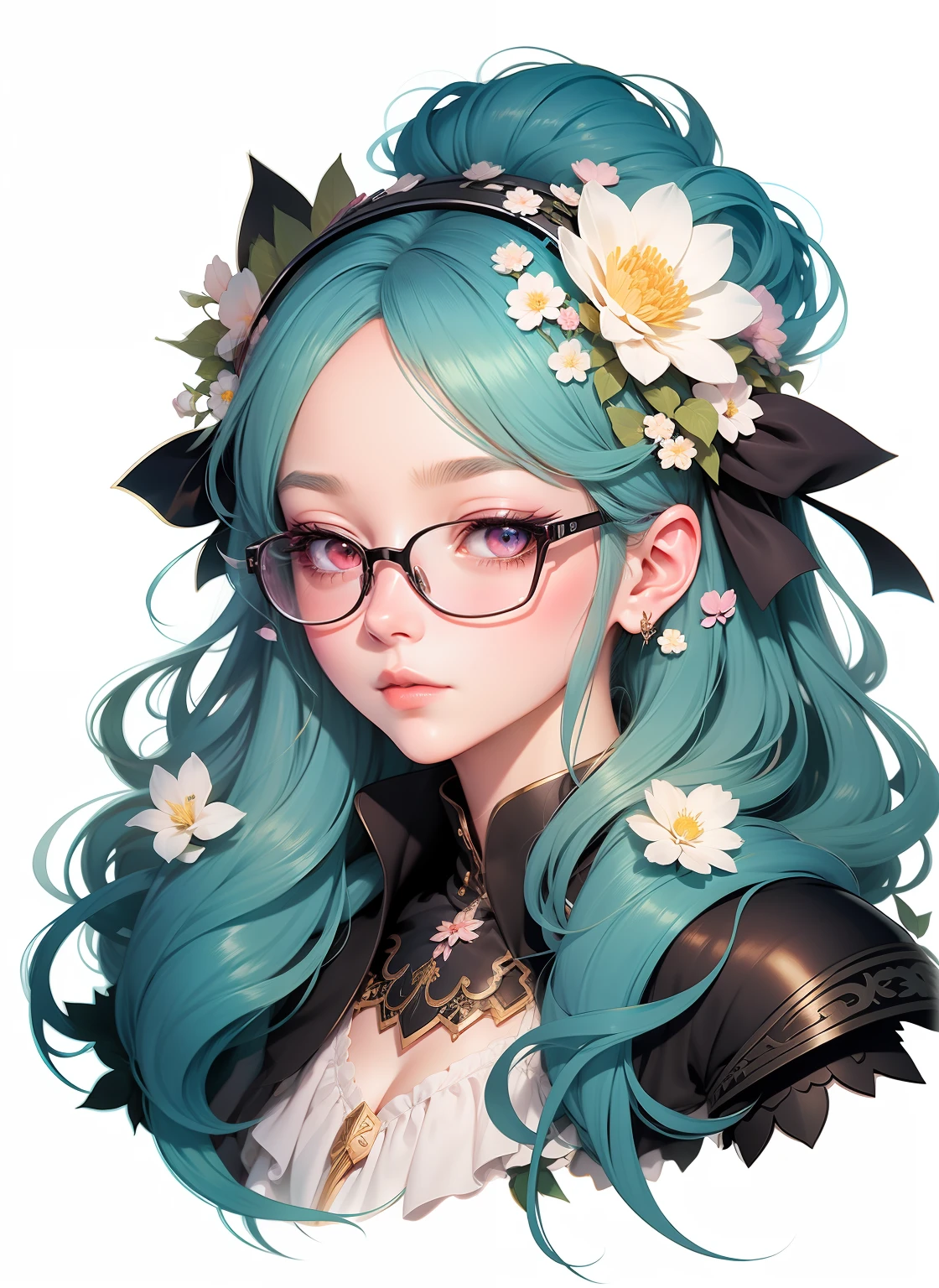 anime girl with blue hair and glasses with flowers in her hair, detailed digital anime art, anime styled digital art, digital anime illustration, beautiful anime art style, digital art on pixiv, anime style portrait, beautiful anime portrait, anime style 4 k, anime girl with teal hair, digital anime art, anime style illustration, anime art style, kawaii realistic portrait,drawing of a woman with blue hair and glasses with flowers in her hair, 2 d anime style, decora inspired illustrations, inspired by Yumihiko Amano, anime girl with teal hair, anime style portrait, beautiful anime art style, portrait of jinx from arcane, manga art style, anime style illustration, anime art style, anime style art, anime styled, beautiful line art, detailed manga style, extremely fine ink lineart, black and white manga style, black and white line art, ink manga drawing, intense line art, pencil and ink manga drawing, intense black line art, in style of manga, exquisite line art, perfect lineart,exquisite line art, exquisite digital illustration, detailed digital drawing, black and white coloring, digital anime illustration, a beautiful artwork illustration, detailed matte fantasy portrait, beautiful line art, great digital art with details, goddess. extremely high detail, 4k detailed digital art, stunning digital illustration