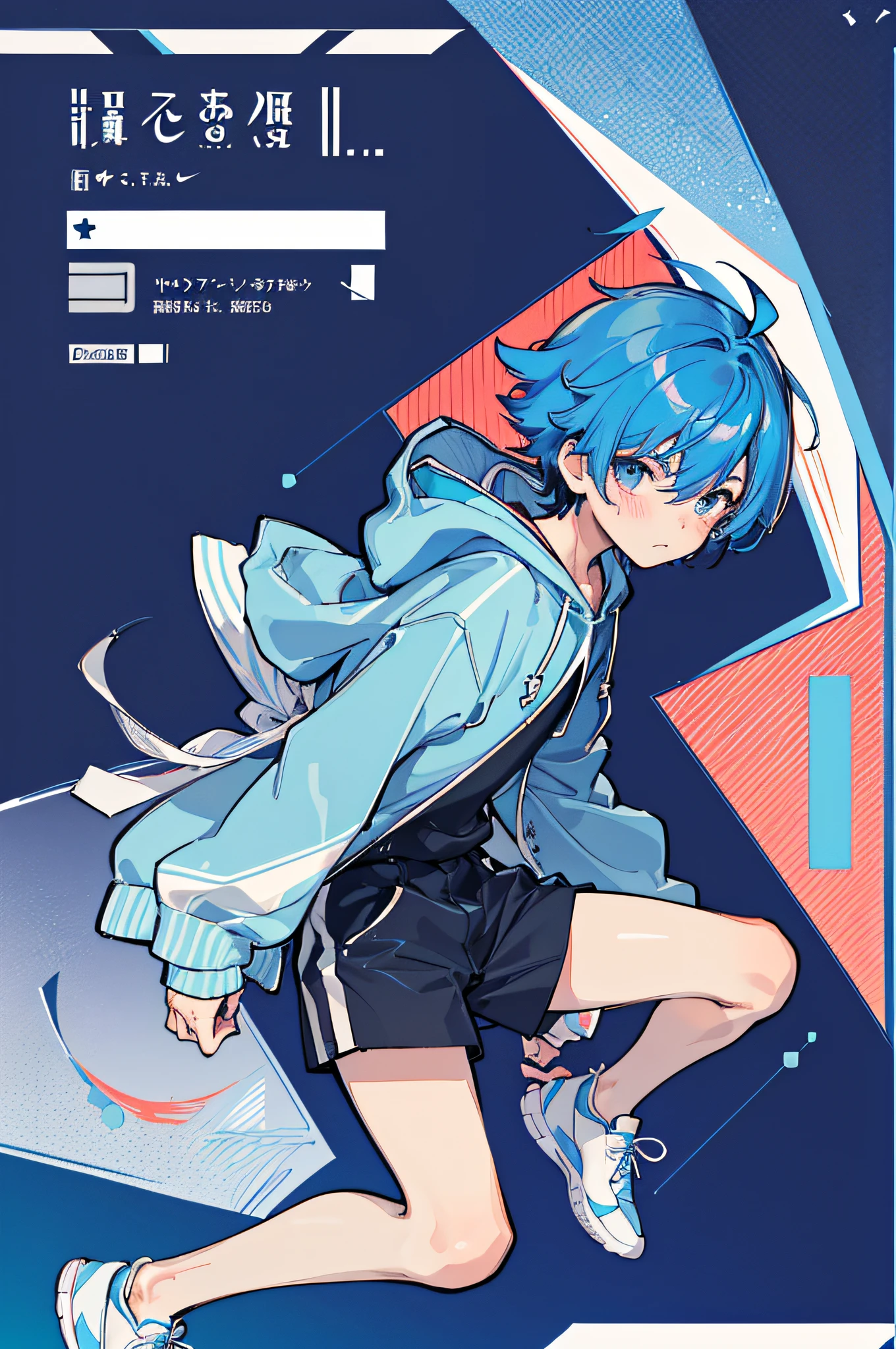 (1boy),( Solo), reference sheet, character design, front angle, side angle, rear angle, dynamic poses, (masterpiece:1.2), (best quality:1.3), segmented, (blush), (aesthetic), (aesthetic face), (Messy Japanese Round Haircut for Thick Hair), (blue hoodie), (blue nike shoes), (cut hair), (straight hair), (Blue hair), (light skin),