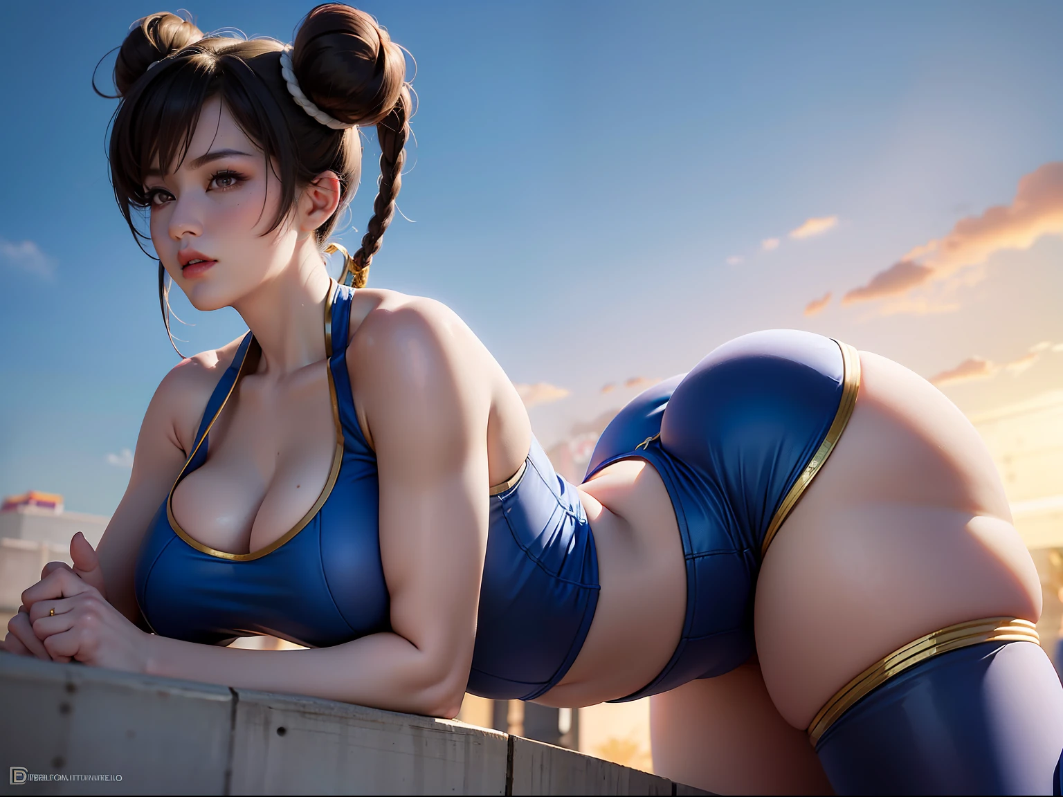 ((chun li))from street fighter, sexy, tetas grandes, busto perfecto enorme ,((muslos grandes y torneados)),perfect ass, lleva su ropa ajustada,(( en el fondo se puede ver un pista aerea militar)) ,8k, hiperrealista, todo parece un renderizado de motor irreal ((vista de cuerpo completo)