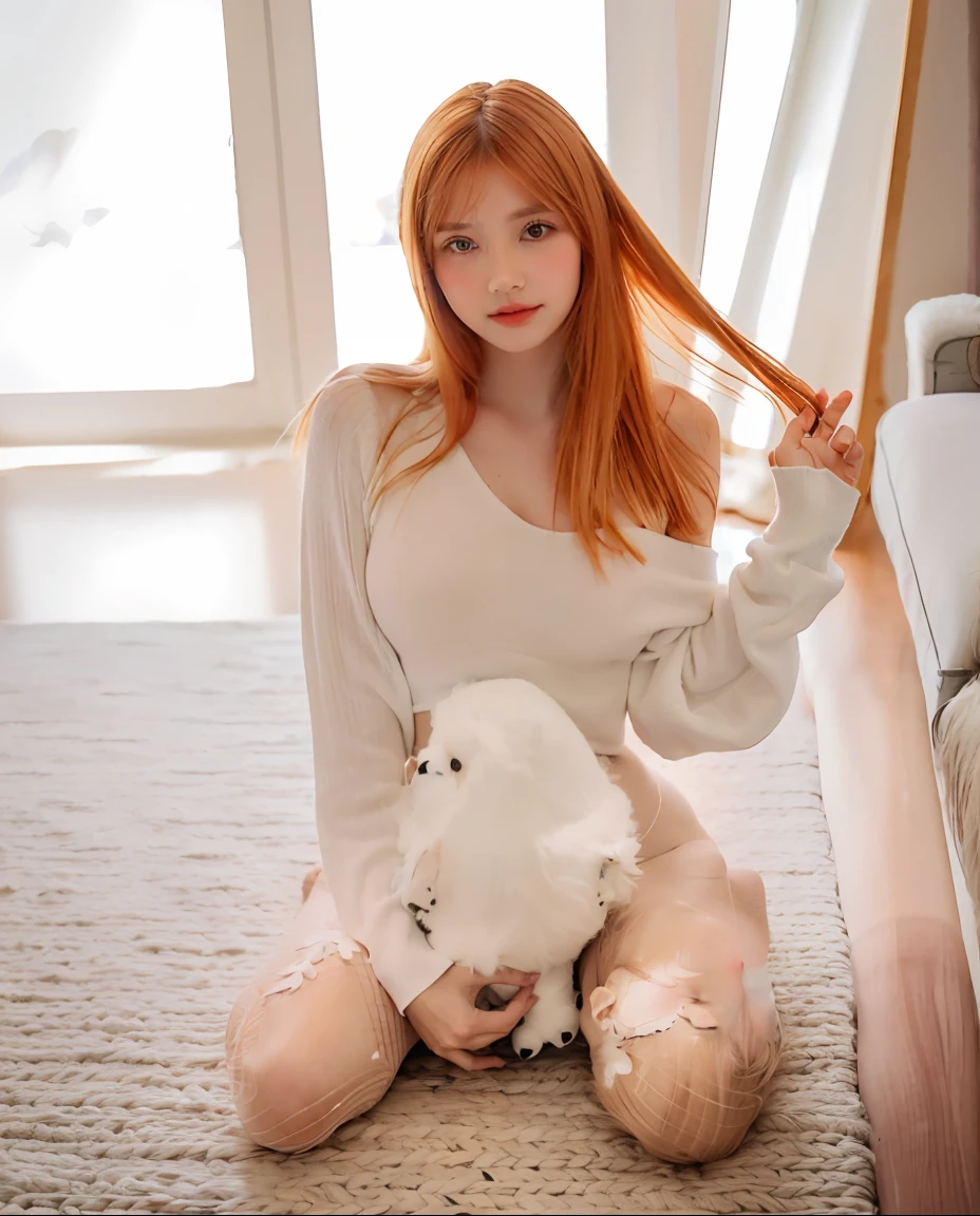 arafed woman sitting on the floor holding a teddy bear, anna nikonova aka newmilky, lalisa manobal, with white fluffy fur, amouranth, sun yunjoo, better known as amouranth, ginger hair and fur, blonde girl, soft and fluffy, cute young blonde girl, in white clothes, very beautiful cute catgirl
