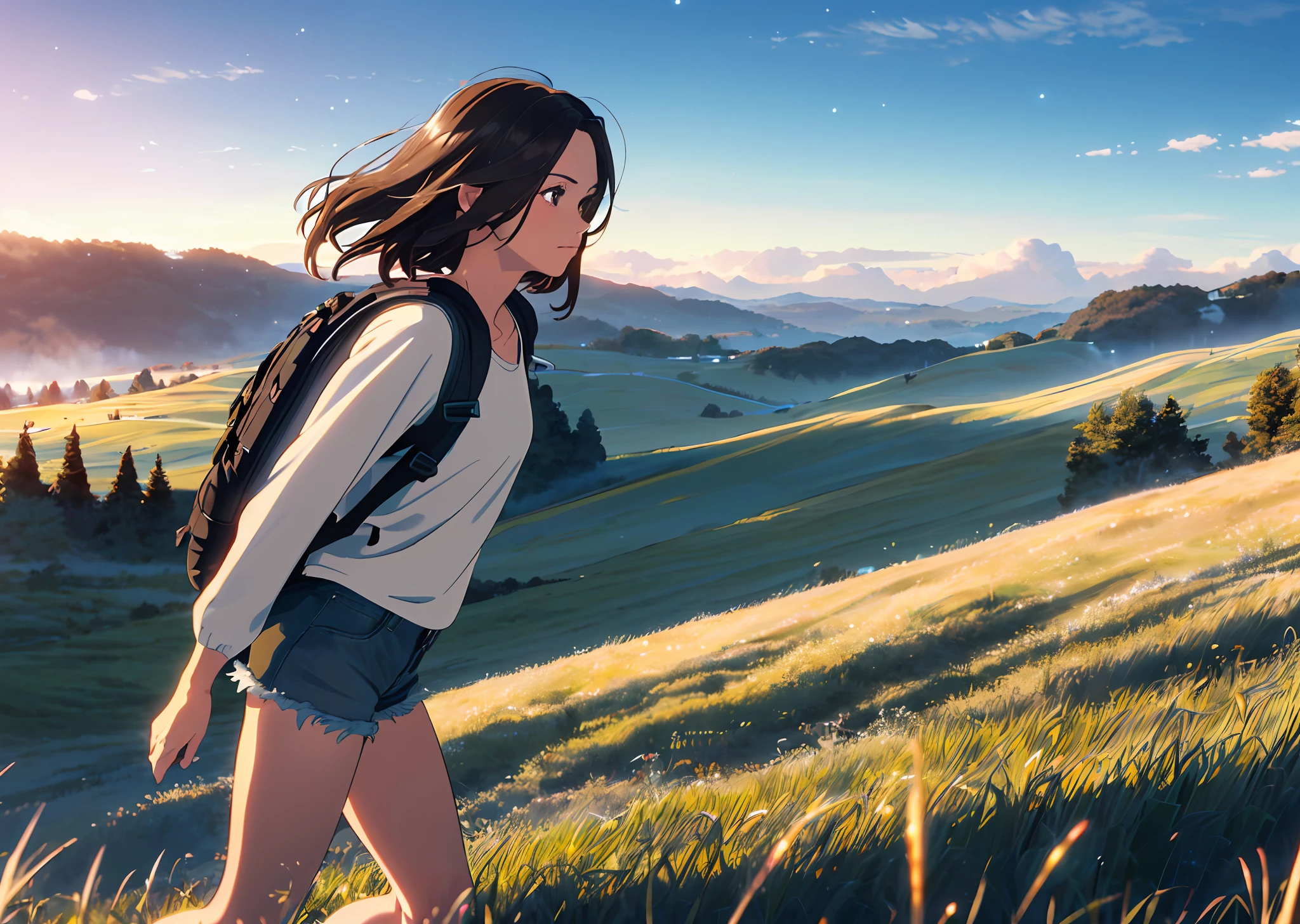 (beautiful and magnificent skyline, majestic sky), (extremely tense and dramatic pictures, moving visual effects), (high hanging Polaris, colorful natural light), (1girl), (long-sleeved top, denim shorts, carrying a backpack), (dynamic pose:1.3, black eyes, black hime-cut hair, sparkling girl)[:0.8], (large grassland), (oncoming breeze), (brown hair and background Coordination effect: 1.2), (close shot, long shot mix and match)[::0.9]