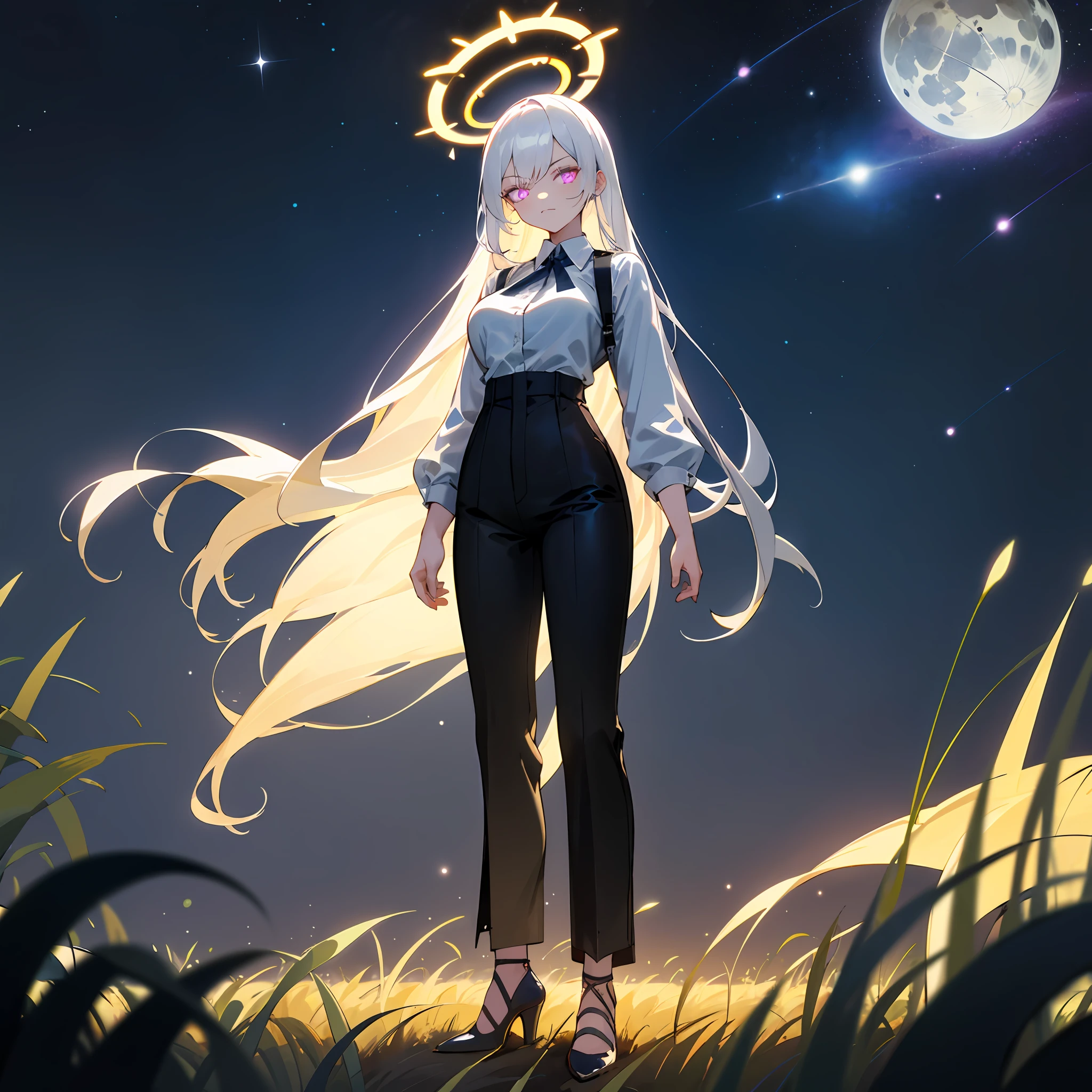 1((masterpiece,best quality,highest quality,illustration,intricate details)),white hair, white halo, blue archive style halo, standing, white shirt, long black pants, white high heels, big breasts, (long hair), 1girl, dark violet eyes, glowing dark violet eyes, normal eyes, Serious face, night,stars, full moon, overlook,kingdom, panorama, landscape,field, rural, looking at viewer,