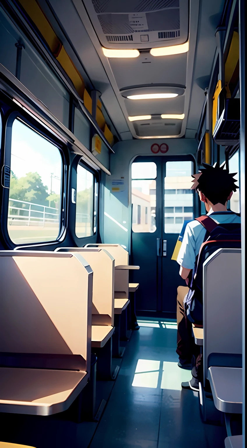 (best-quality:0.8), broken introspective perfect anime illustration, simple colors, Inside of a university bus with lots of university students sitting