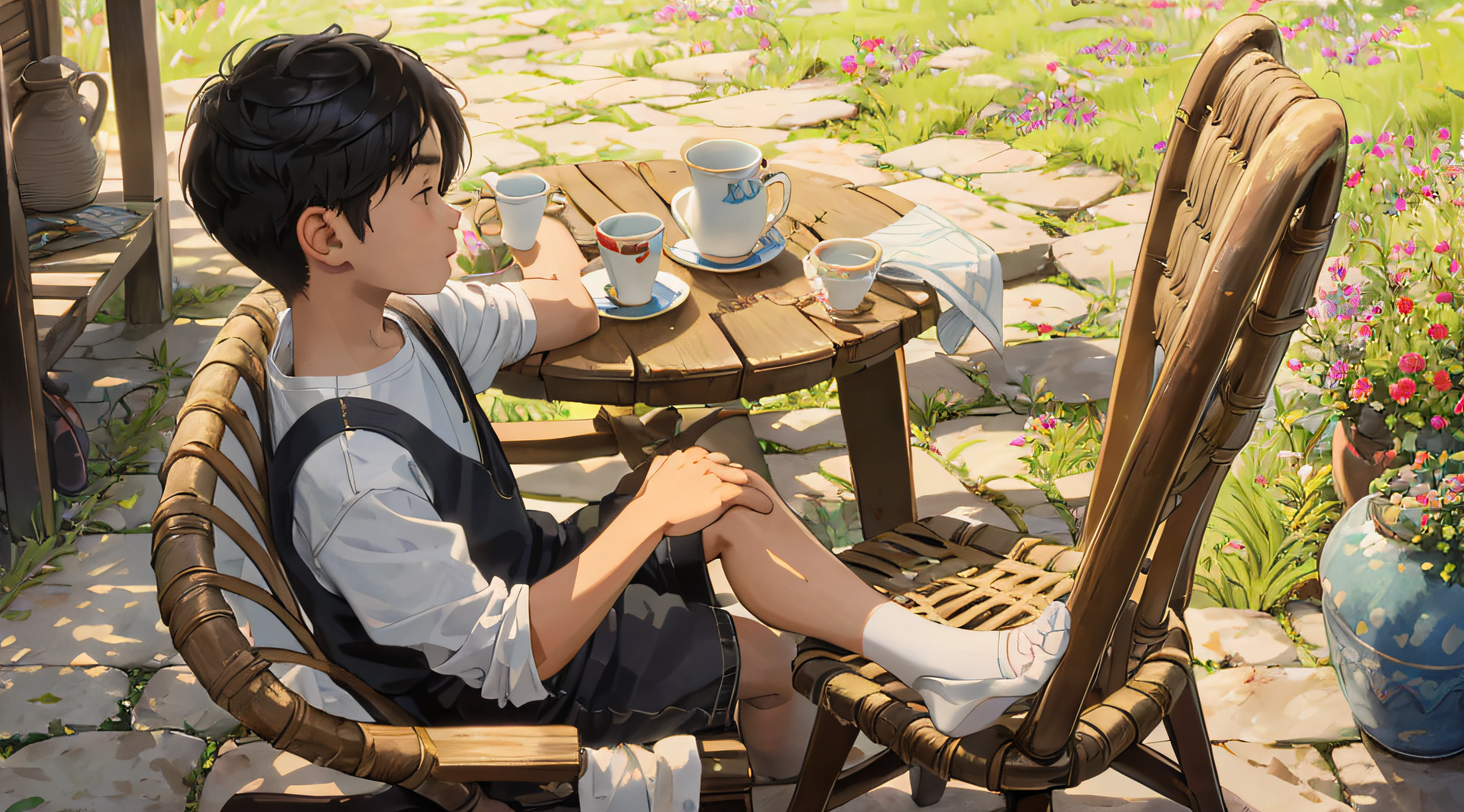 Detail portrayal of hair,Maximum precision, precise and perfect human body structure,face to the viewer,Moisturizes skin,dynamic angle,A playing happily in a rural yard,On the rattan chair next to him sits his grandfather with a fan,Grandma drinking tea next to Grandpa