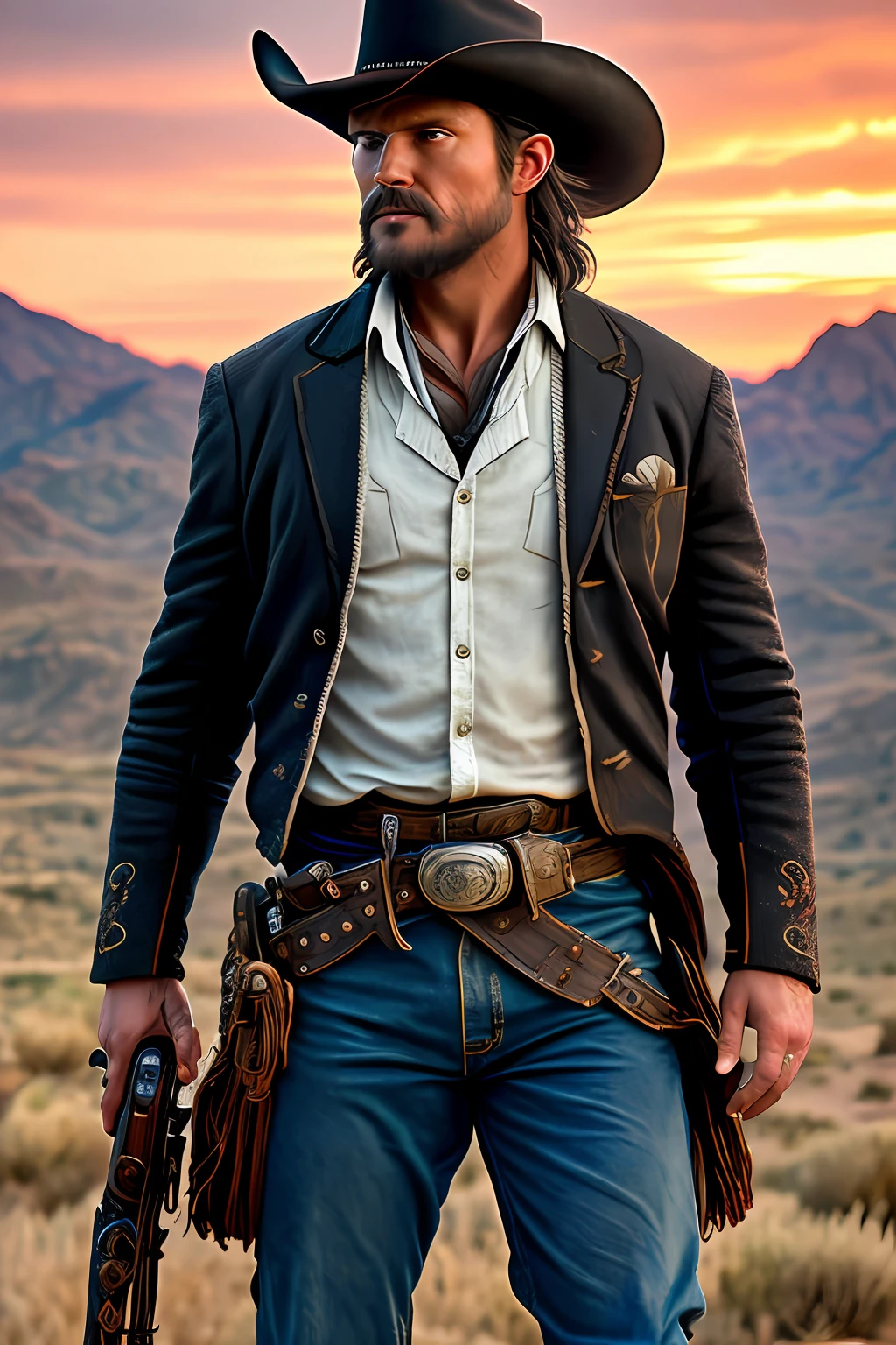 tmasterpiece,Western cowboy, Ultra photo realsisim, award - winning digital art, Energetic, (insanely details: 1.5), Full body photography, 2 megapixels, Canon EOS R3,extremely detailed nipple, Best quality,Cinematic style,A grand spectacle, (shredder:1.2),(Westworld:1.2), (Sci-fi Westerns:1.3)