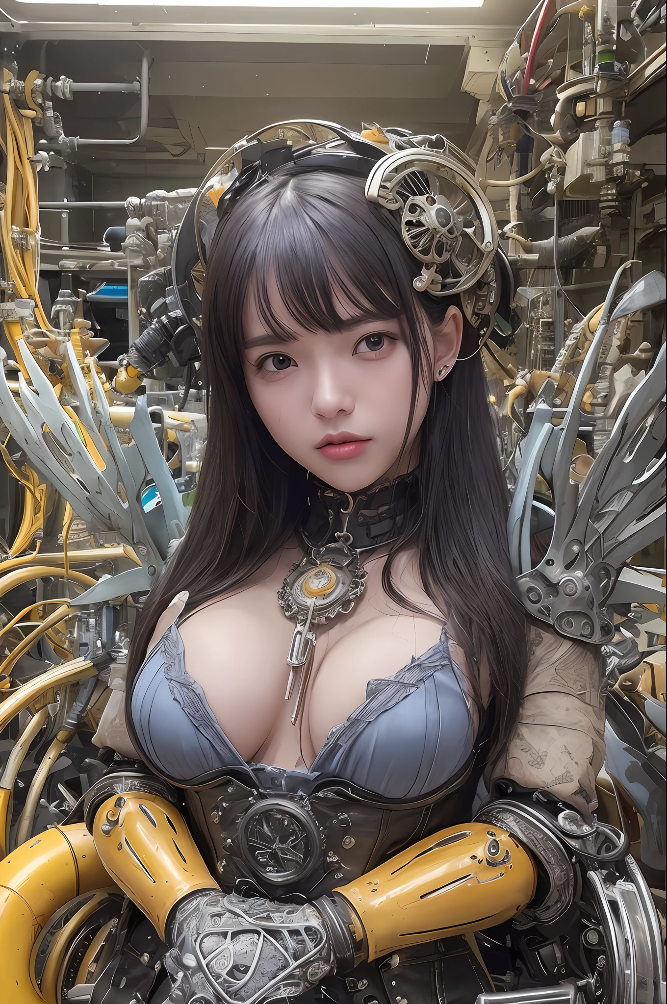 top-quality、masterpiece、超A high resolution、(Photorealsitic:1.4)、Raw photo、女の子1人、Black hair、glowy skin、1 Mechanical Angel、large metal wings、Shining Angel Circle、((super realistic details))、portlate、globalillumination、Shadow、octan render、8K、ultrasharp、Colossal tits、Raw skin is exposed in cleavage、metals、Details of complex ornaments、Steampunk details、Matsumoto Meter、meter、vacuum tubes、Nixie Kan、Oil pressure gauge、Glass Kan、Analog Meter、gear wheel、gear、Golden hydraulic cylinder、highly intricate detail、Realistic light、CGSoation Trends、a purple eye、radiant eyes、Facing the camera、neon details、Mechanical limbs、blood vessels connected to tubes、Mechanical vertebrae attached to the back、mechanical cervical attaching to neck、sitting on、Wires and cables connecting to the head、evangerion、Small LED lamp、