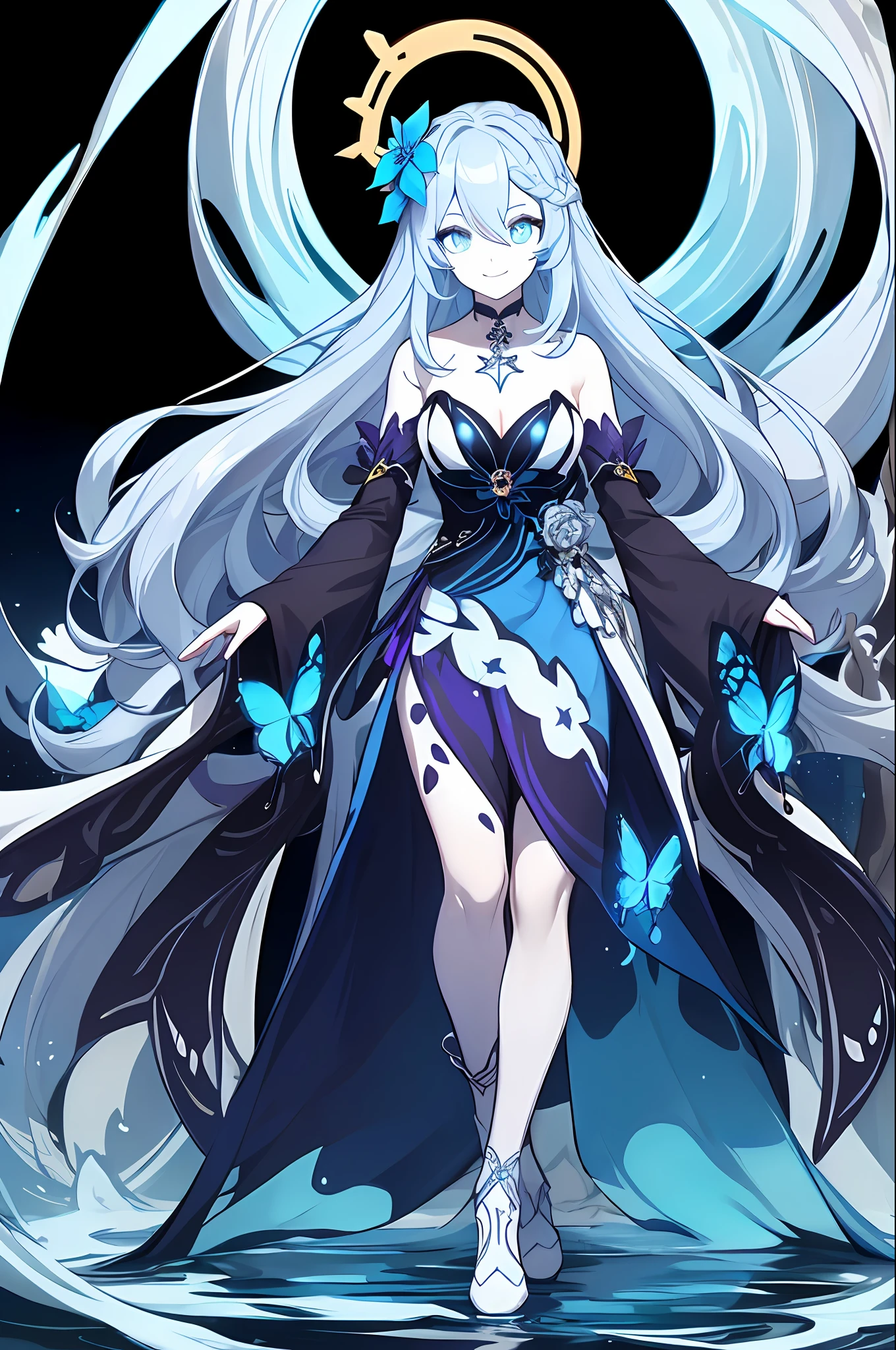 (down view),Dynamic Angle,Ultra-detailed, Q version, Lori huge breasts cleavage，s girl，Full body standing painting，Close-up,Kizi, (fantasy:1.4), (azureblueeyes:1.233),Her eyes shone like dreamy stars,(Glowing eyes:1.233),(Beautiful and detailed eyes:1.1),(Silver hair:1.14),(Messy hair,Very long hair,french braid,hair between eye,side locks), (+(bule hair flower:1.14)),(Chiffon dress,bule flower pattern in uniform)/=(army suit:1.24),(Detached sleeves,Wide sleeves),(Fingerless gloves),choker necklace,high heels boots,(smiling expression,,(White flowers,full bloom),(abyssal),(Flowing water),(a dull blue world tree:1.14),(废墟),(Night:1.2),Dreamy,soul,(Fluorescence),(flying translucent blue butterflies:1.15), [[Delicate fingers and hands:0.55]::0.85],(Detail fingers),(yubao:0.5)



（tmasterpiece，best qualtiy：1.4），without background，White crystal，Crystal clusters，long whitr hair，jewely，耳Nipple Ring，choker necklace，ballet，whaite hair，The halo，(Face),dynamic angle,Super meticulous,illustratio,closeup cleavage,Looking directly at,1girl,(fanciful:1.4),(purple-eyed:1.233),Her eyes shone like dreamy stars,(glowing light eyes:1.233) ,(美丽细致的眼睛:1.1),(silber hair:1.14),(messy  hair,Very long hair,french braid,Hair between both eyes,Lateral hair),(+(Blue hair flowers:1.14)),(Black and white swan dress)/=(army suit:1.24),(Separate sleeves,Wide sleeves),(Fingerless gloves),choker,(miko thighhighs),high heels boots,(face expressionless,Keep one's mouth shut),(standing on your feet), ,(flor branca,full bloom),(abyssal),(flowingwater),(Dark Blue World Tree:1.14),(废墟),(natta:1.2 ),dreamy,soul,(fluorescent),(Flying translucent blue butterfly:1.15),[[Delicate fingers and hands:0.55]::0.85],(Finger details),(yubao:0.5)
