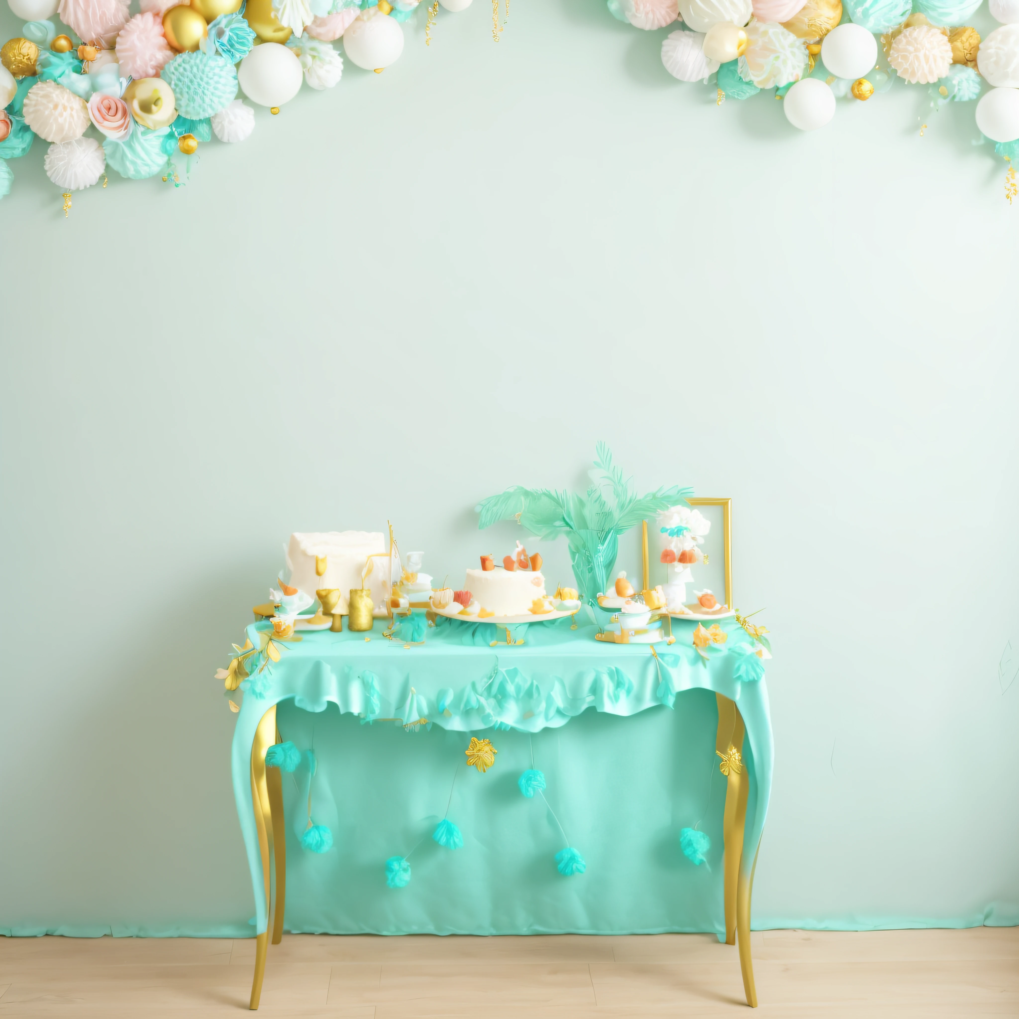Table with cakes and decorations in front of the wall, Fondo pintado floral, White table, Velvet tablecloths, ornate backdrop, Ruffles, tassels and ribbons, Whimsical and cute, jovana rikalo, adorable and whimsical, teal studio backdrop, cyan photographic backdrop, Gorgeous and complex background, gold and teal color scheme --auto