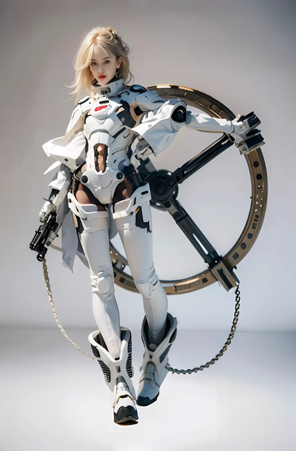 (Realistic:1.4) photore, full body, (White mech set:1.4) (White boots)woman, Japanese makeup, (Realistic blonde hair and red eyes), Rembrandt lighting, Gray background, Best quality, HD