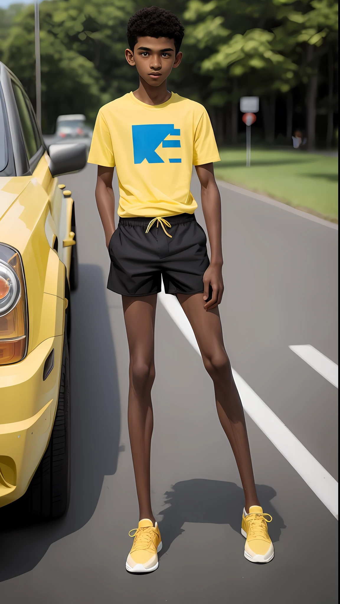 A thin boy,short detailed hair,Slender legs,High saturation,The color is bright,8K,Clear details,Brown skin,Wear a yellow T-shirt,White sports shorts,The color is bright,largeeyes,Full body photo,depth of fields,sitted,legs stretched,Extra short shorts,Brown skin,Smooth legs,No leg hair