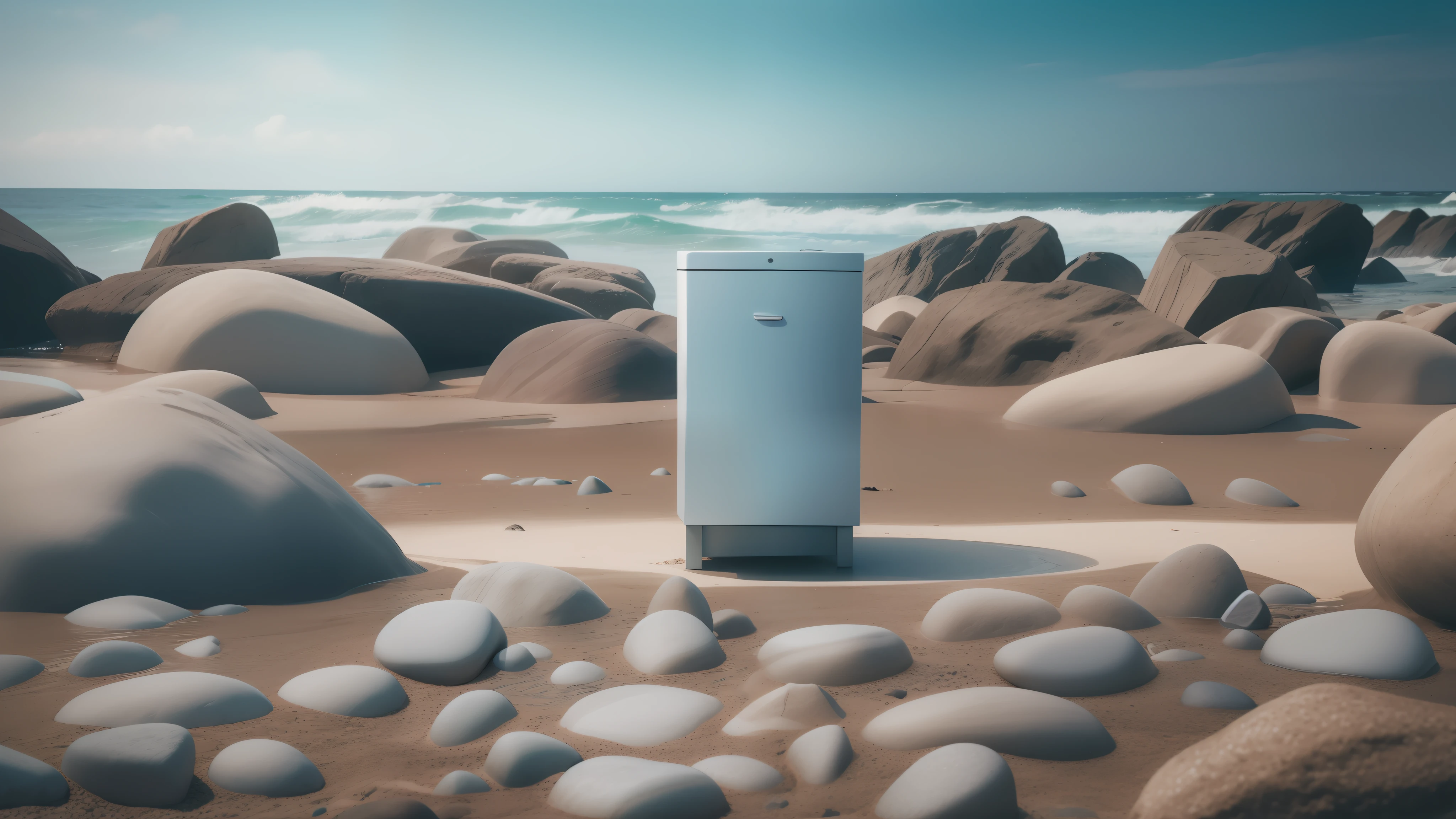 Dishwasher in the middle of rocky beach,sunny clear sky,Simple sky,azure sea,The sky occupies 2/3 of the picture,low-contrast,scandinavian style,succinct,Cool tones,frontal vision,commercial product photography,Very realistic,Ultra photo realsisim,ultra-realistic realism,brilliant detail,Award-winning,Super realistic,astonishing detail