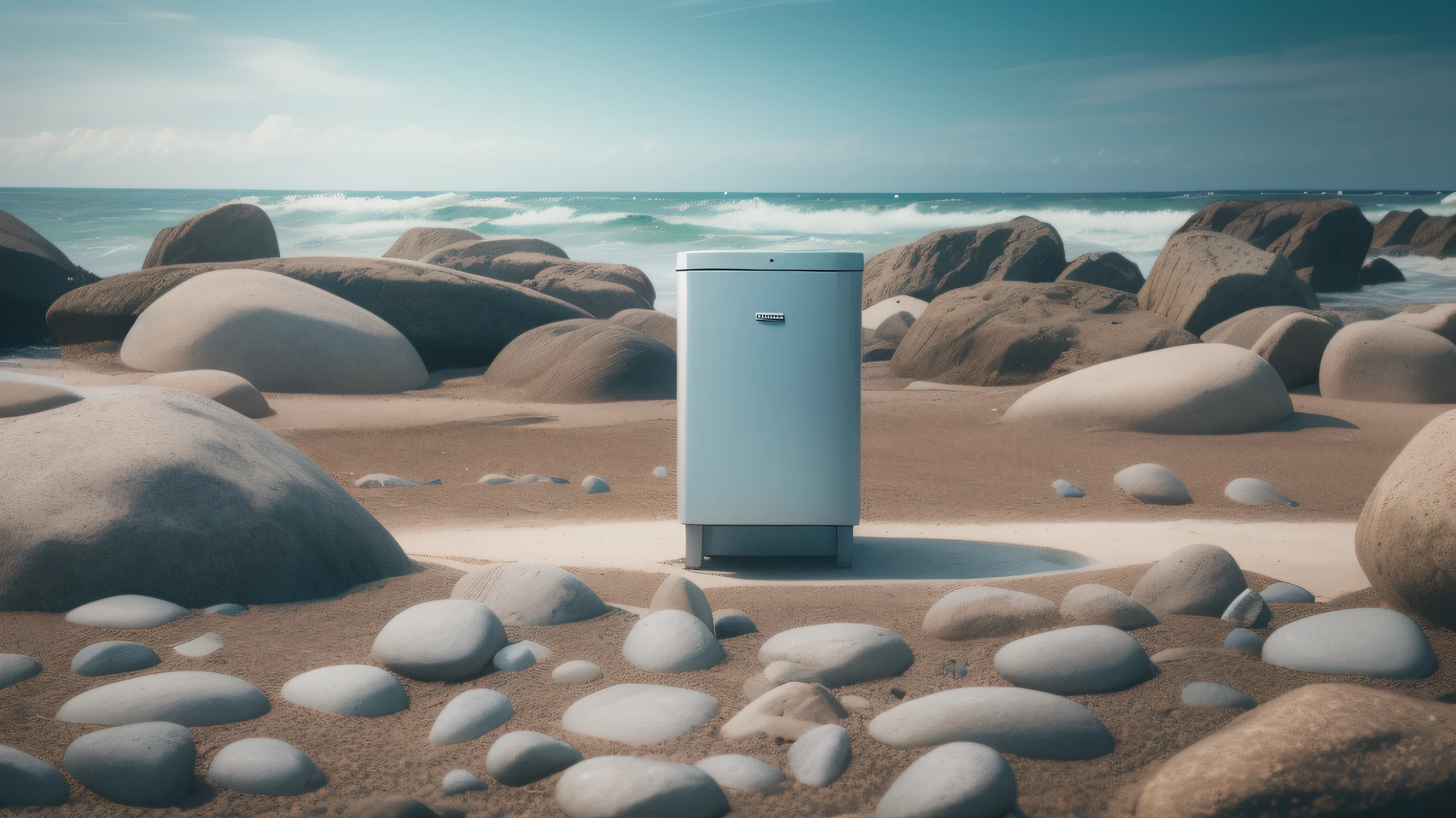 Dishwasher in the middle of rocky beach,sunny clear sky,Simple sky,azure sea,The sky occupies 2/3 of the picture,low-contrast,scandinavian style,succinct,Cool tones,frontal vision,commercial product photography,Very realistic,Ultra photo realsisim,ultra-realistic realism,brilliant detail,Award-winning,Super realistic,astonishing detail