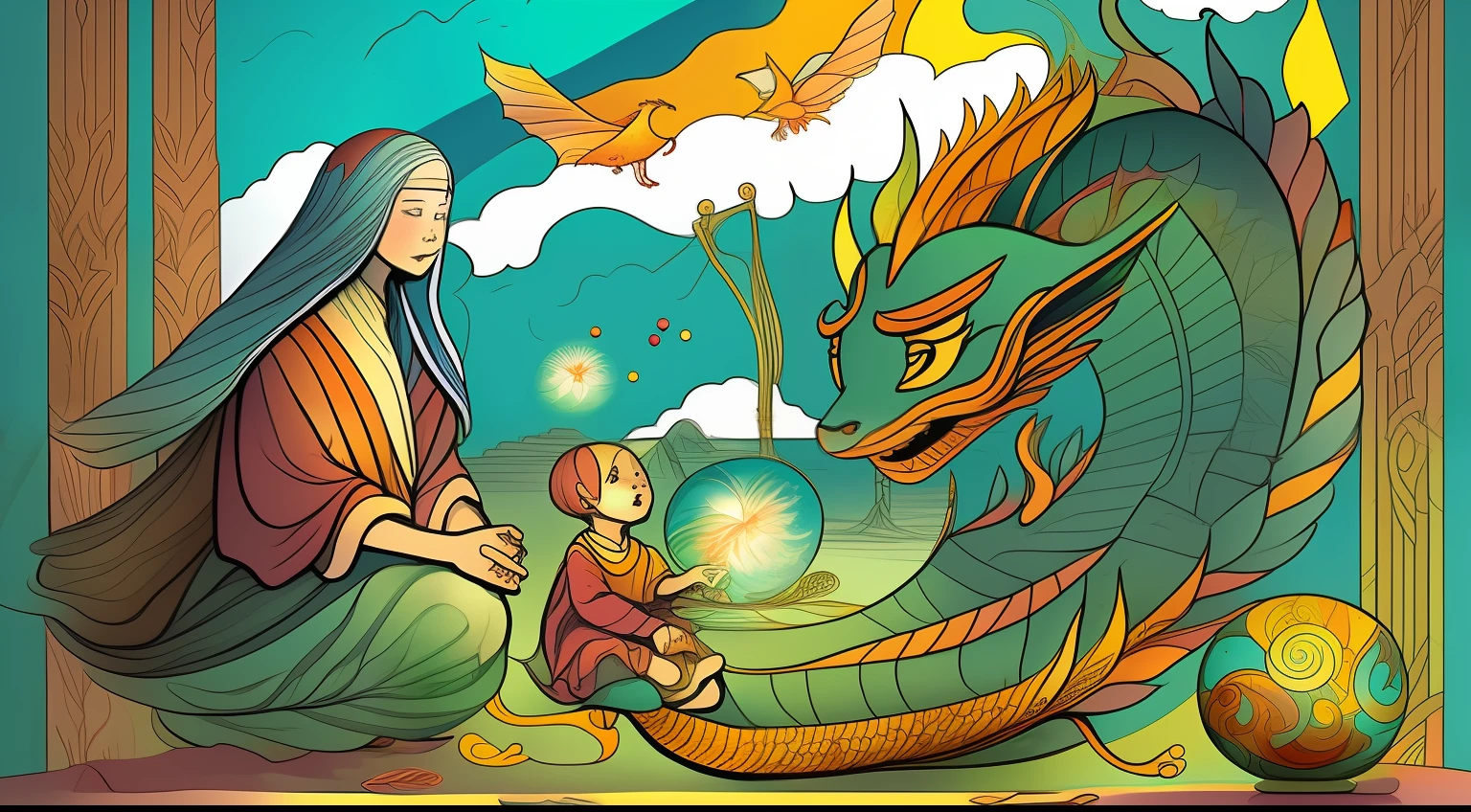 Illustration of a picture book called The Dragon Child and the Story of the Seven Spheres