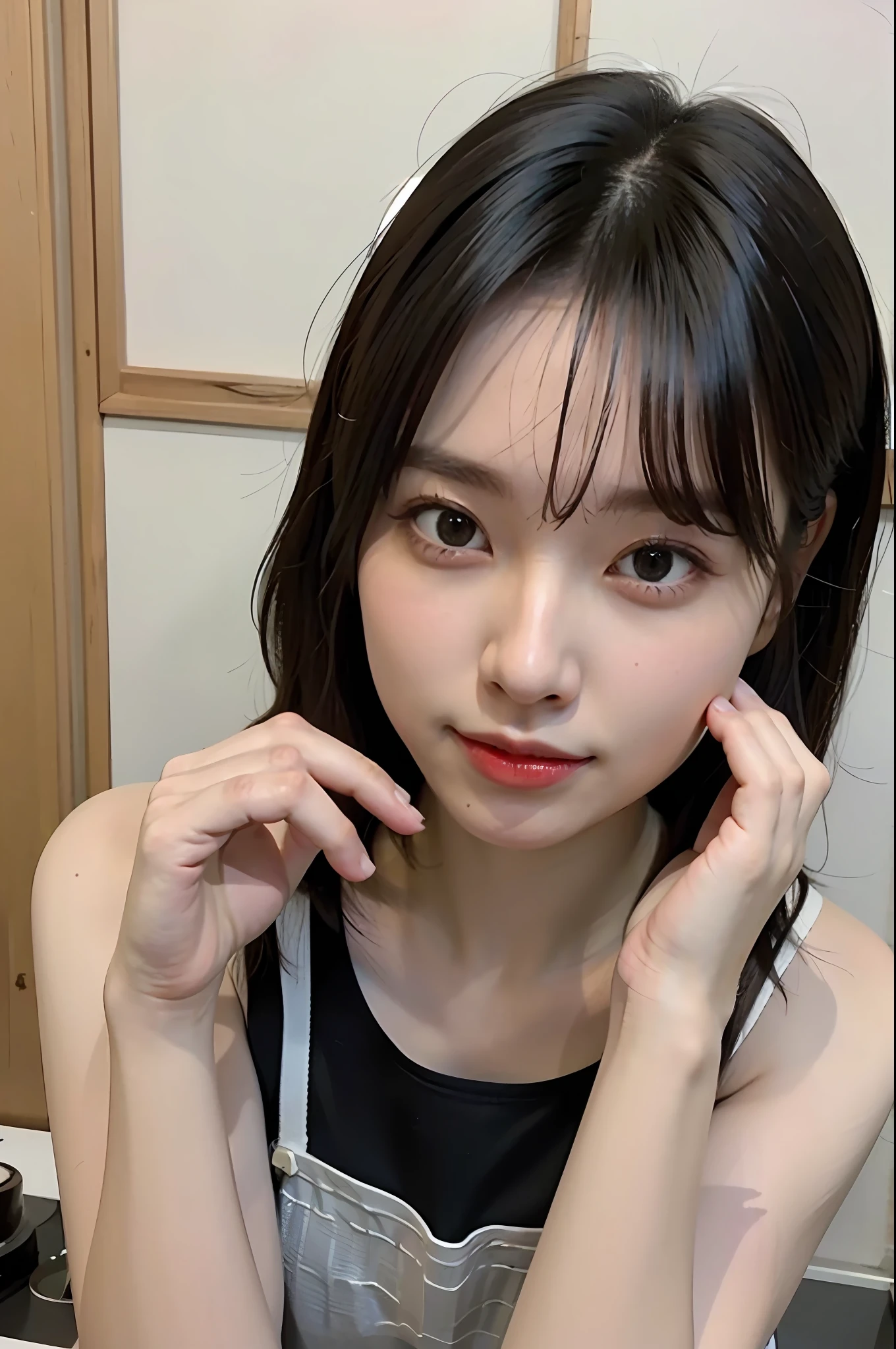 a woman is cooking、(kitchin_Apron:1.Wear 3)、Good Hand、4K、hight resolution、​masterpiece、top-quality、Cap:1.3、((Hasselblad photo))、Fine skin、foco nítido、(lighting like a movie)、Soft lighting、dynamic ungle、[:(详细的脸:1.2):0.2]、Medium chest、sweats streamed skin:1.2、(((In the kitchen))) Cute smile　Viewer's Perspective　Colossal tits　Tying hair　Sleeveless　Put out your upper arm　Shoulders are sticking out　Cleanliness　Large kitchen　Beautiful kitchen　wine glasses　wide々Beautiful kitchen background　Clean kitchen　Beautiful lighting fixtures
