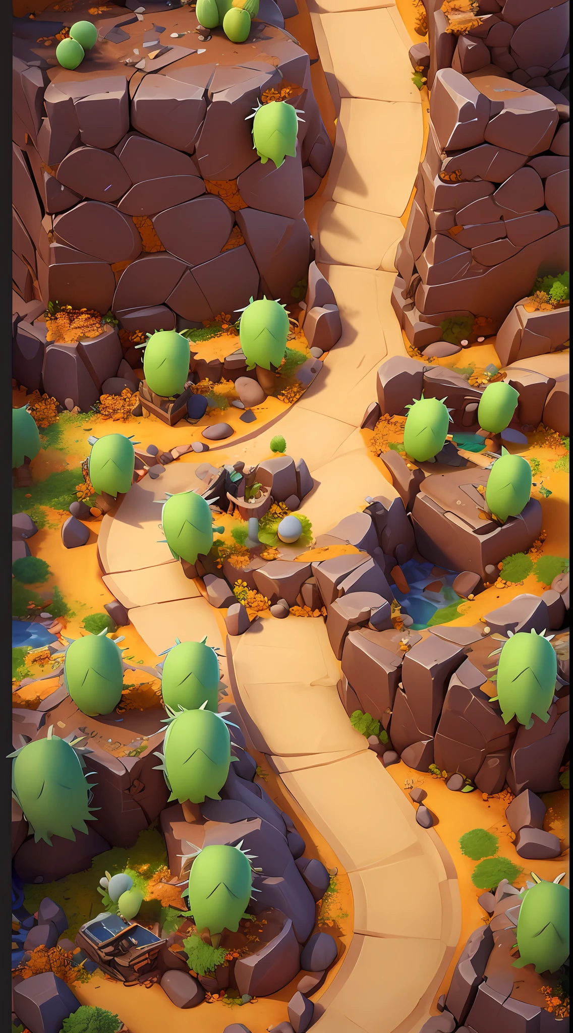 Game map design，cartoonish style，Desert theme、angle of depression，In the middle is a smooth path，gameicon，A desert，Rochas，cacti，tmasterpiece，Epic composition，best qualtiy，超高分辨率，3Drenderingof，8K