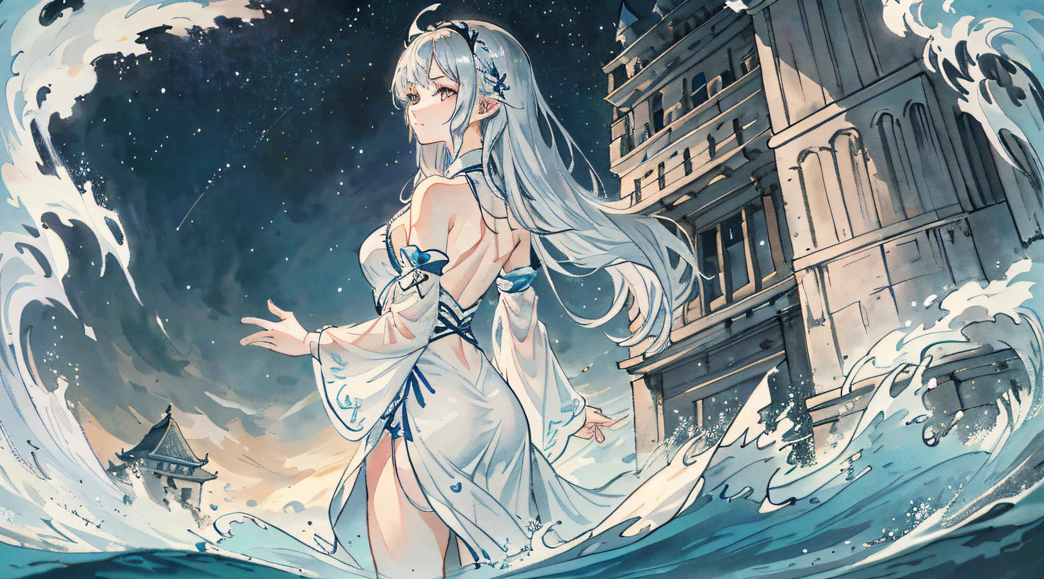 1girl、独奏、Dynamic Angle、Dynamic Hair、Dynamic Pause、masterpiece、beautiful detailed hand、illustratio、Beautiful detailed night sky、beatiful detailed eyes、Cinematic light、ultra-detailliert、dishevled hair、long silver hair、curlyhair、aquariums、foam、The Darkness、White Side Slit Dress、wet、from the rear、is standing、under the water、Abandoned castle、Looking into the distance、White particles glow