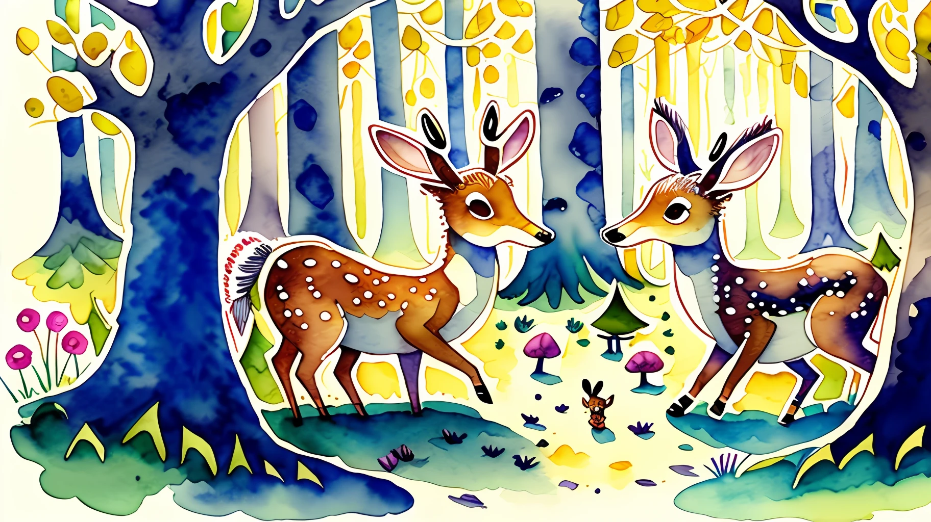 Watercolour and ink, children's book illustration. Deers playing with each other, dancing in a party, in a magical forest. Whimsical, funny, comical, happy. Soft happy palette of colours. Highly detailed. --auto