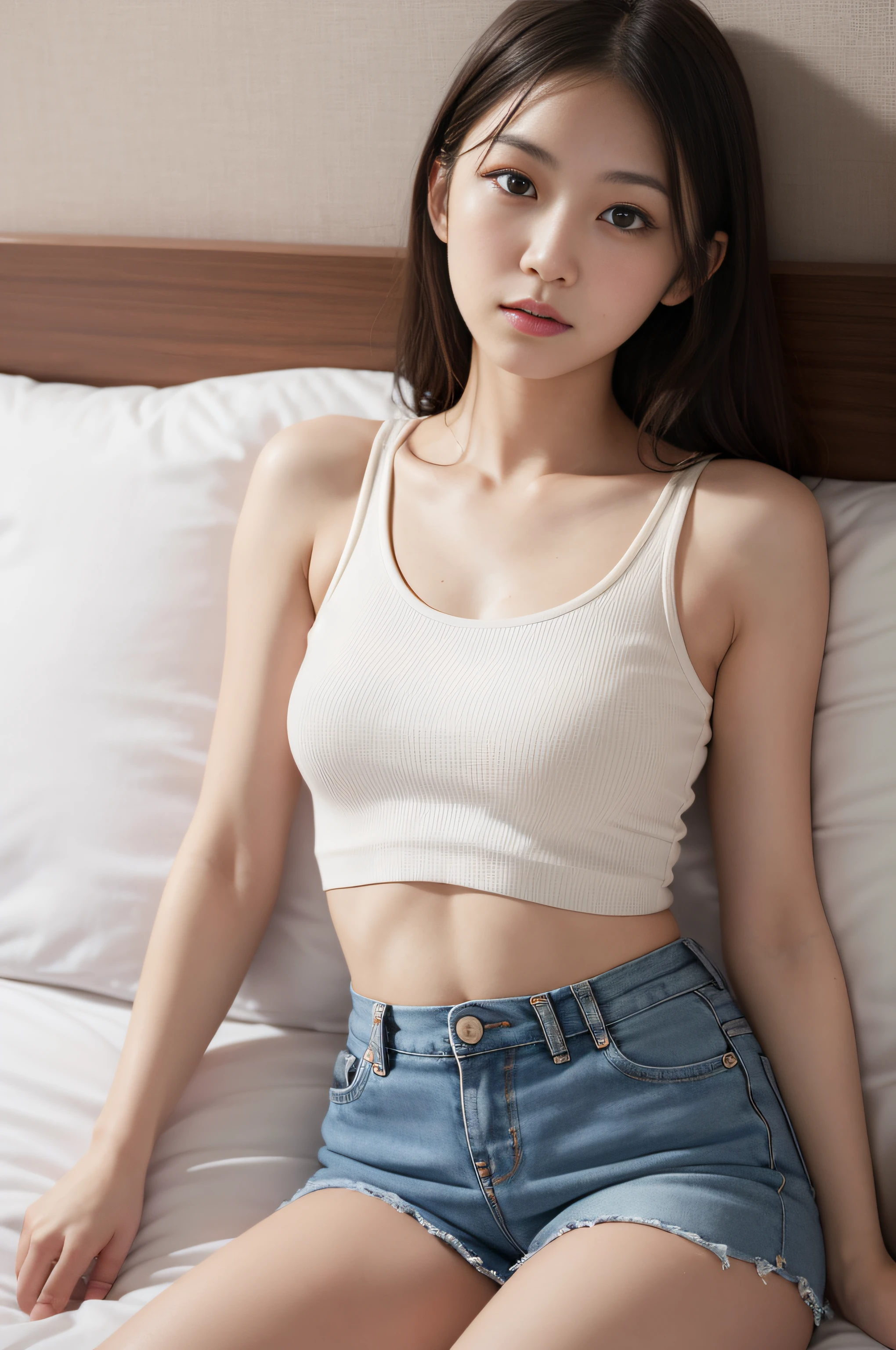 1 nogizaka girl, flat chest, small tits, Realistic, bed, Cropped tank top, Shorts, (8K, masutepiece, Best Quality, Raw photo)