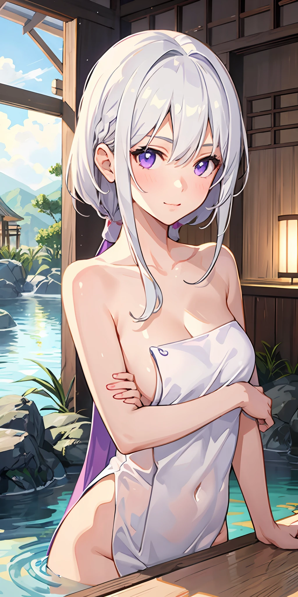 1girl, white hair, purple eyes, portrait, realistic, towel, (onsen), sidelighting, wallpaper, nsfw,