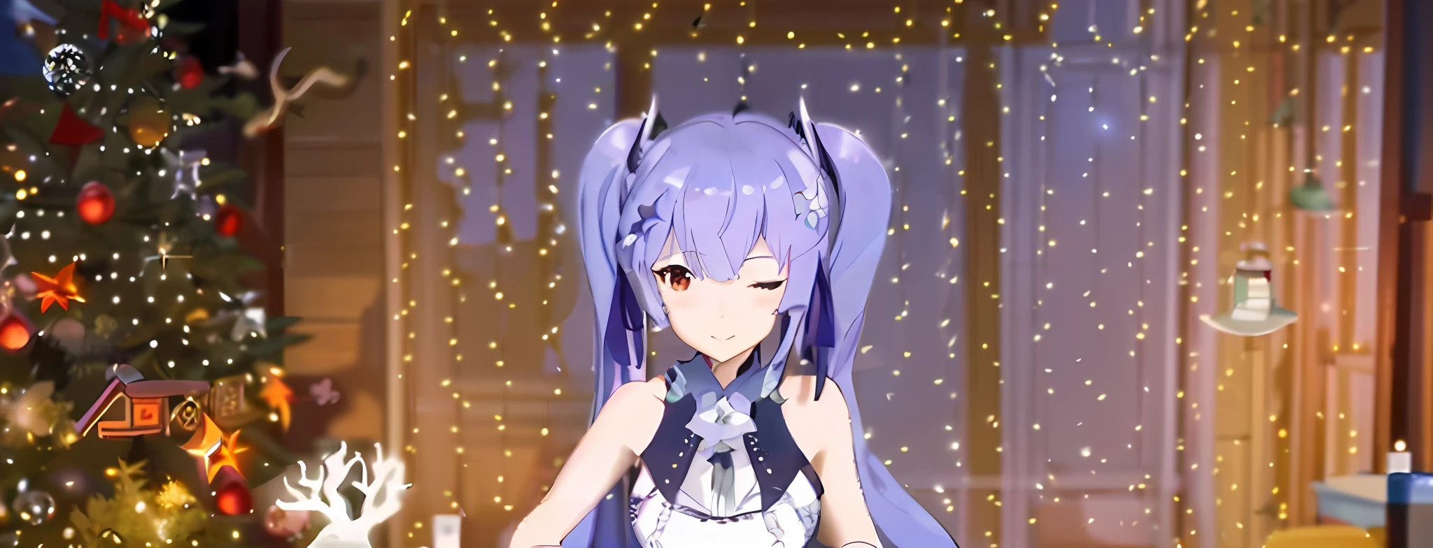 Anime girl wearing skirt and deer in front of Christmas tree, Ayaka Genshin impact, Keqing from Genshin Impact, A scene from the《azur lane》videogame, ayaka game genshin impact, azur lane style, tsuaii, zhongli from genshin impact, Rem Rezero, mikudayo, full-body xianxia, Genshin impact's character,In