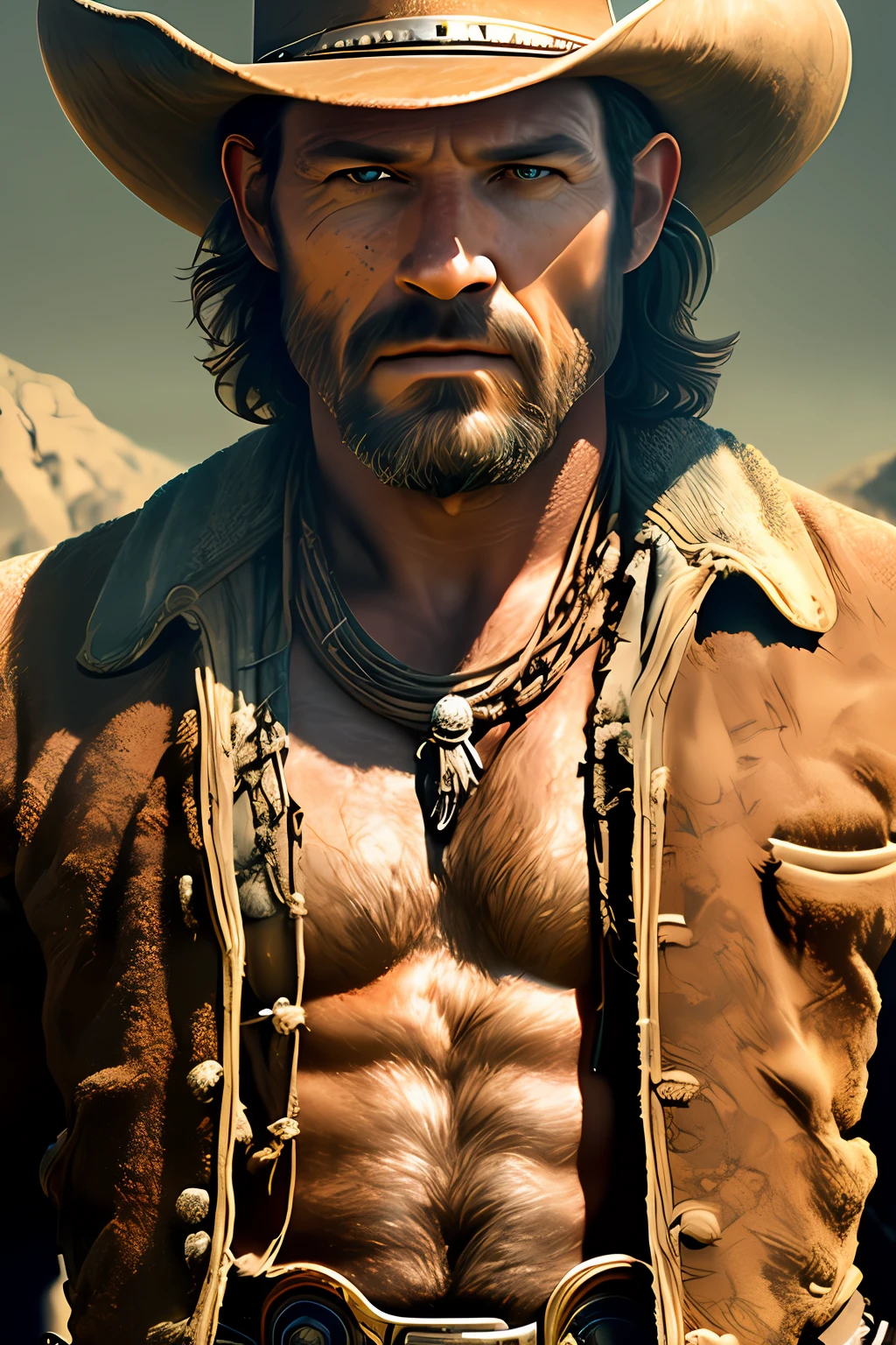 Masterpiece,Ultra photo realsisim,32K,extremely detailed nipple,Western cowboy, Unified wallpaper, Best quality,Cinematic style, (shredder:1.2),(Westworld:1.2), (Sci-fi Westerns:1.3)