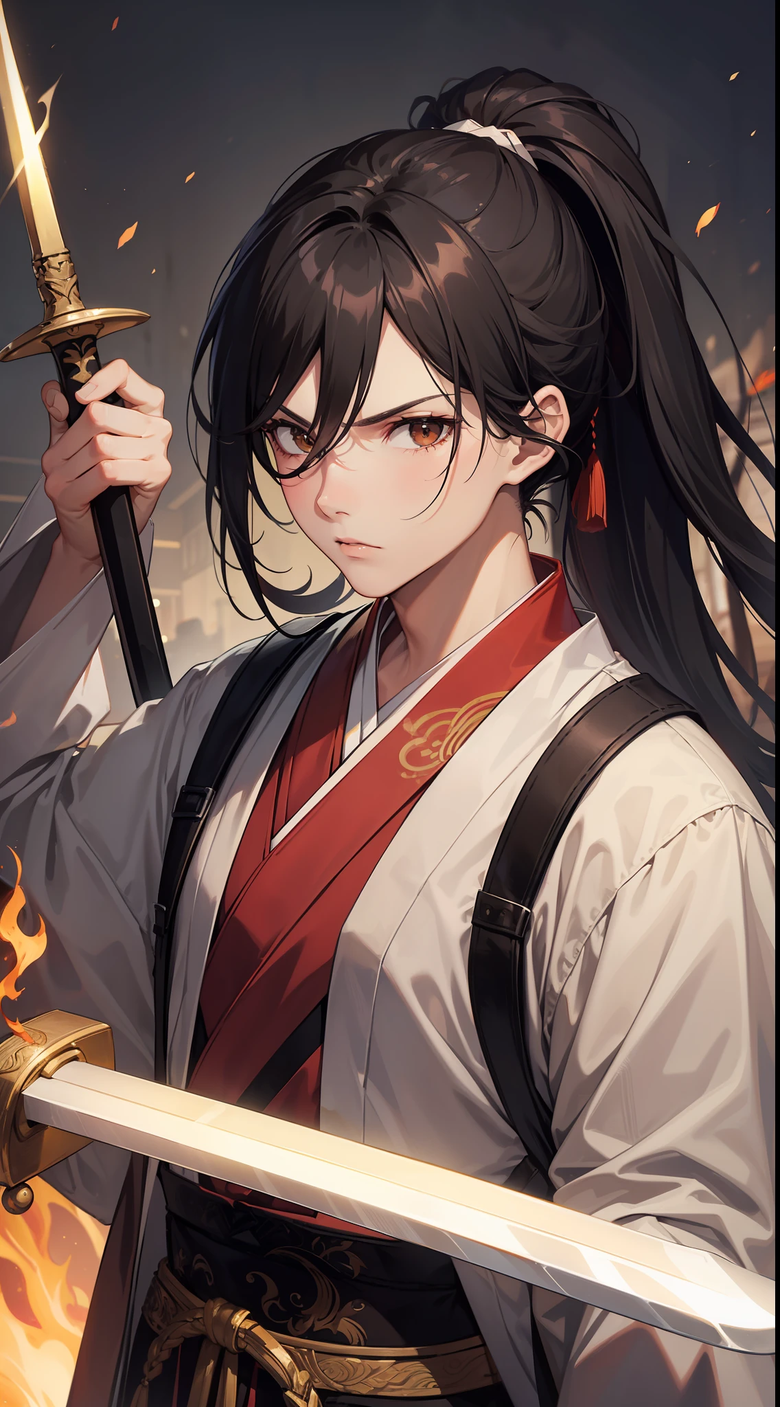 adult man, Long black hair, high ponytail, brown eyes color, hanfu, fiery sword, A Serious Look, Masterpiece, hiquality