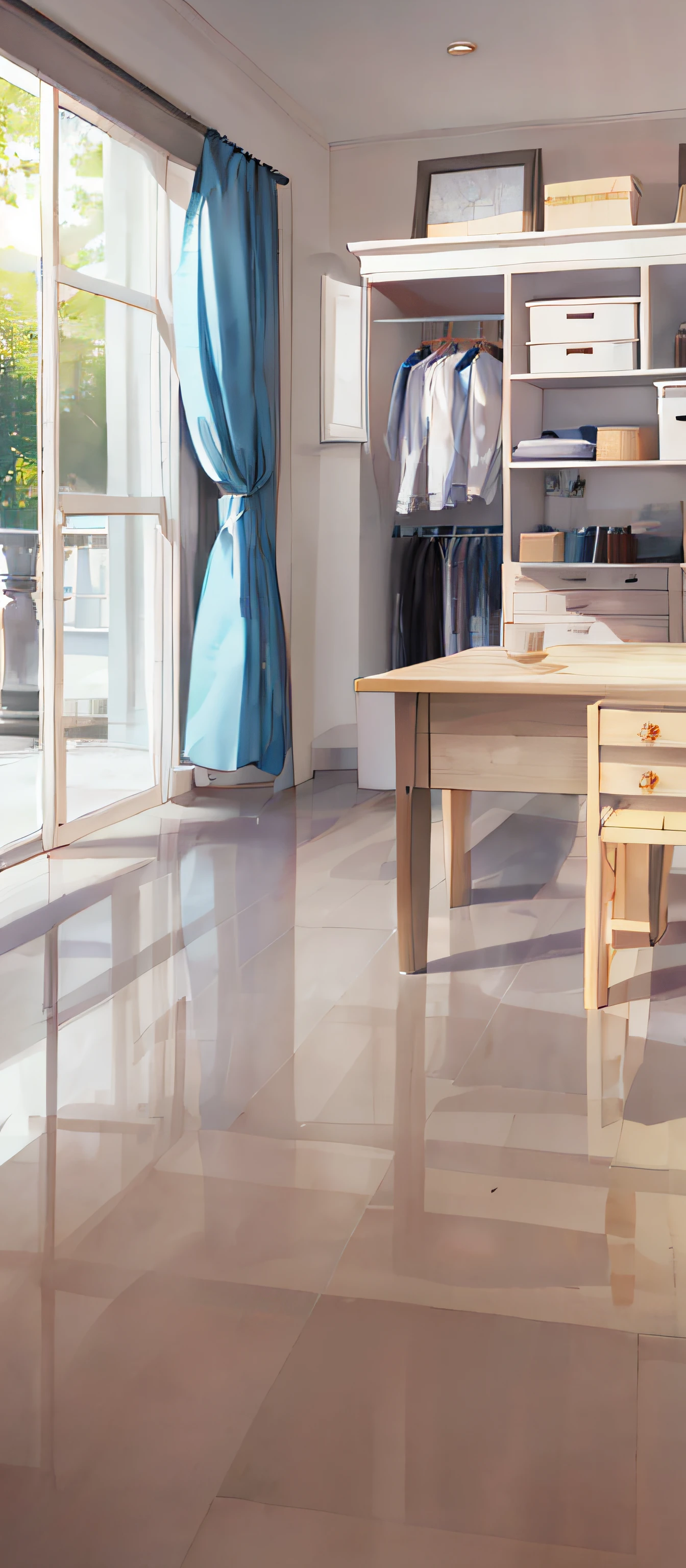 absurderes,A high resolution,ultra - detailed,hdr)cloakroom,There is a wardrobe at the back,There were clothes in the closet,There is a table and chairs in front of the wardrobe,The floor is wood-paneled,There are floor-to-ceiling windows on the left,Great view from the window
